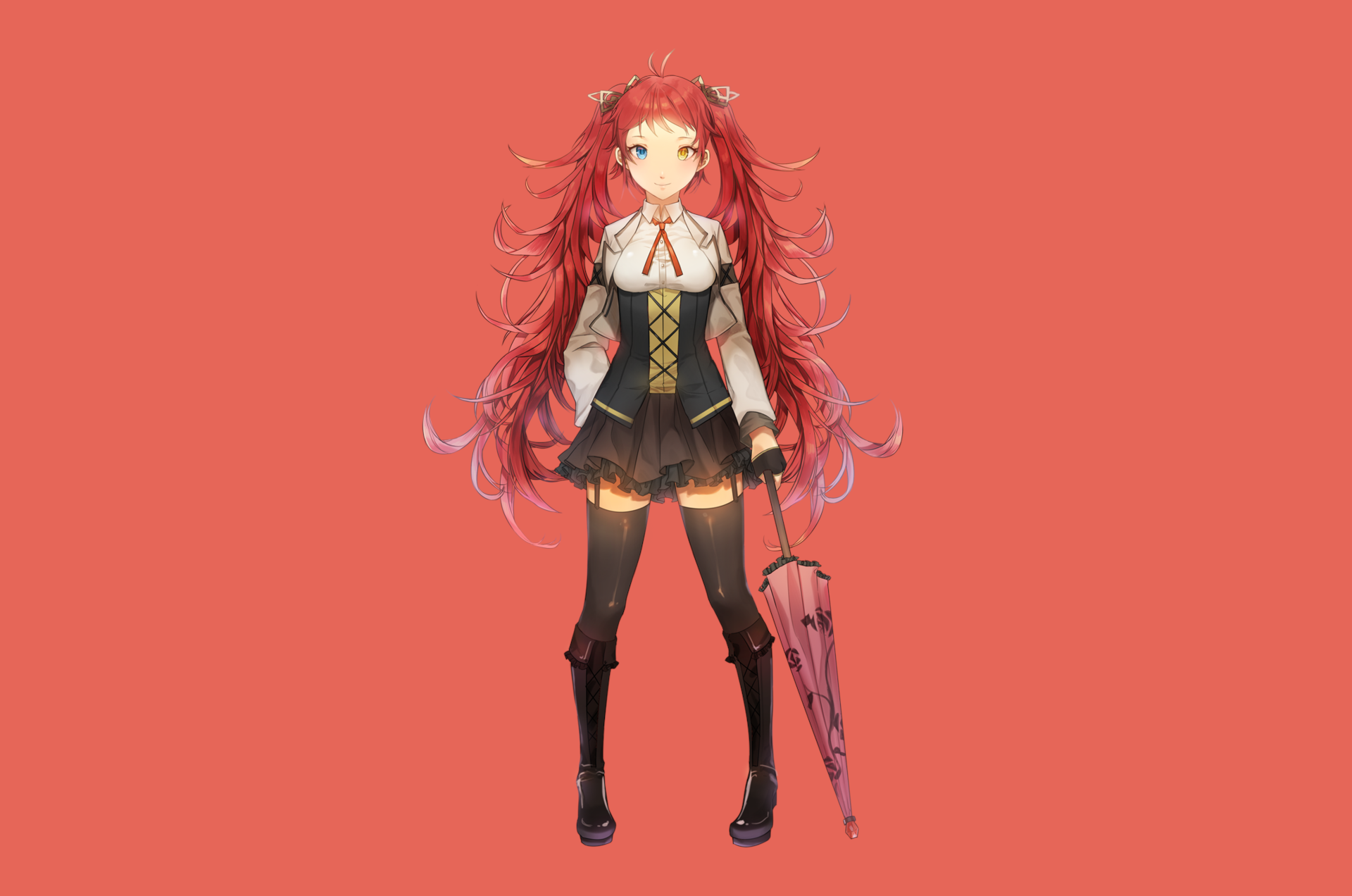 Anime girl with red hair and heterochromia holding umbrella HD Wallpaper