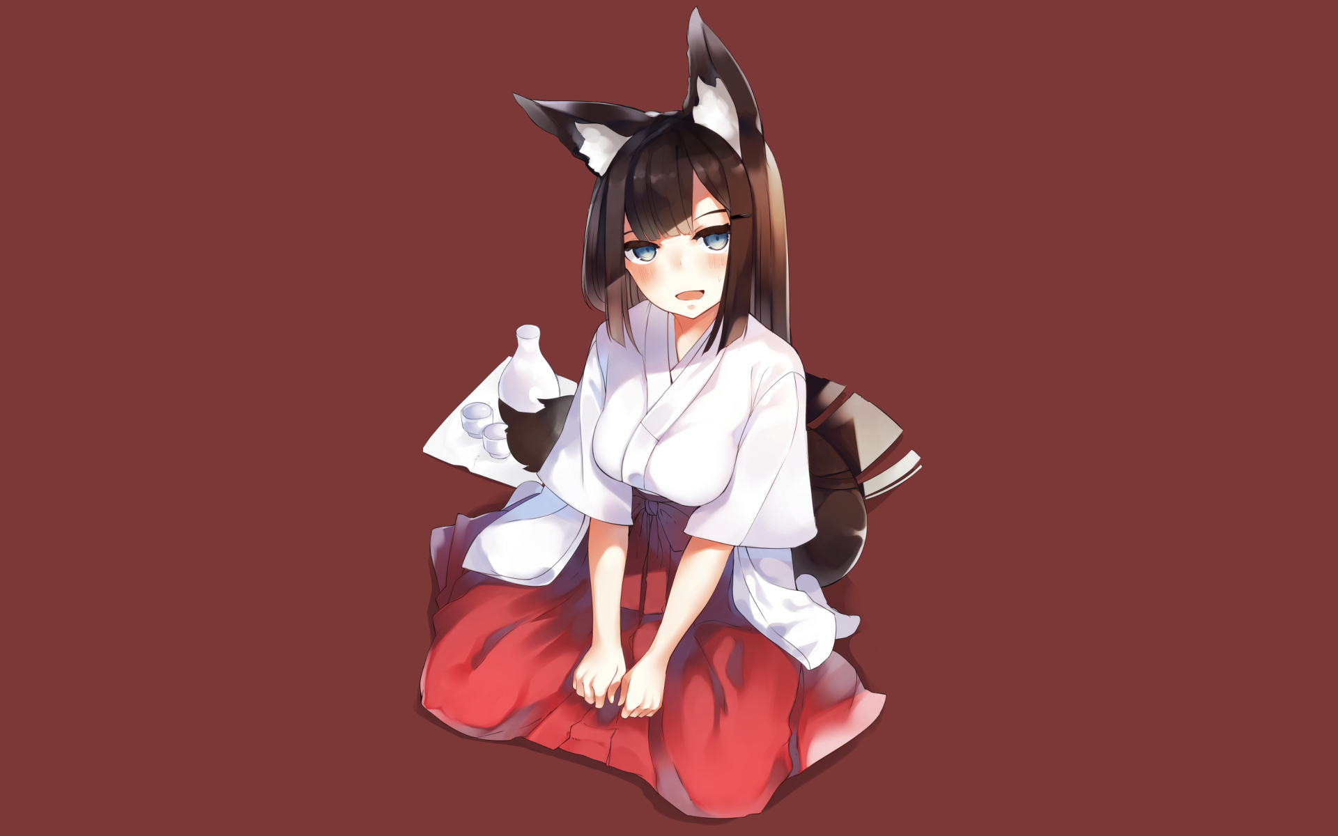 Kitsune girl in kimono with sake set HD Wallpaper