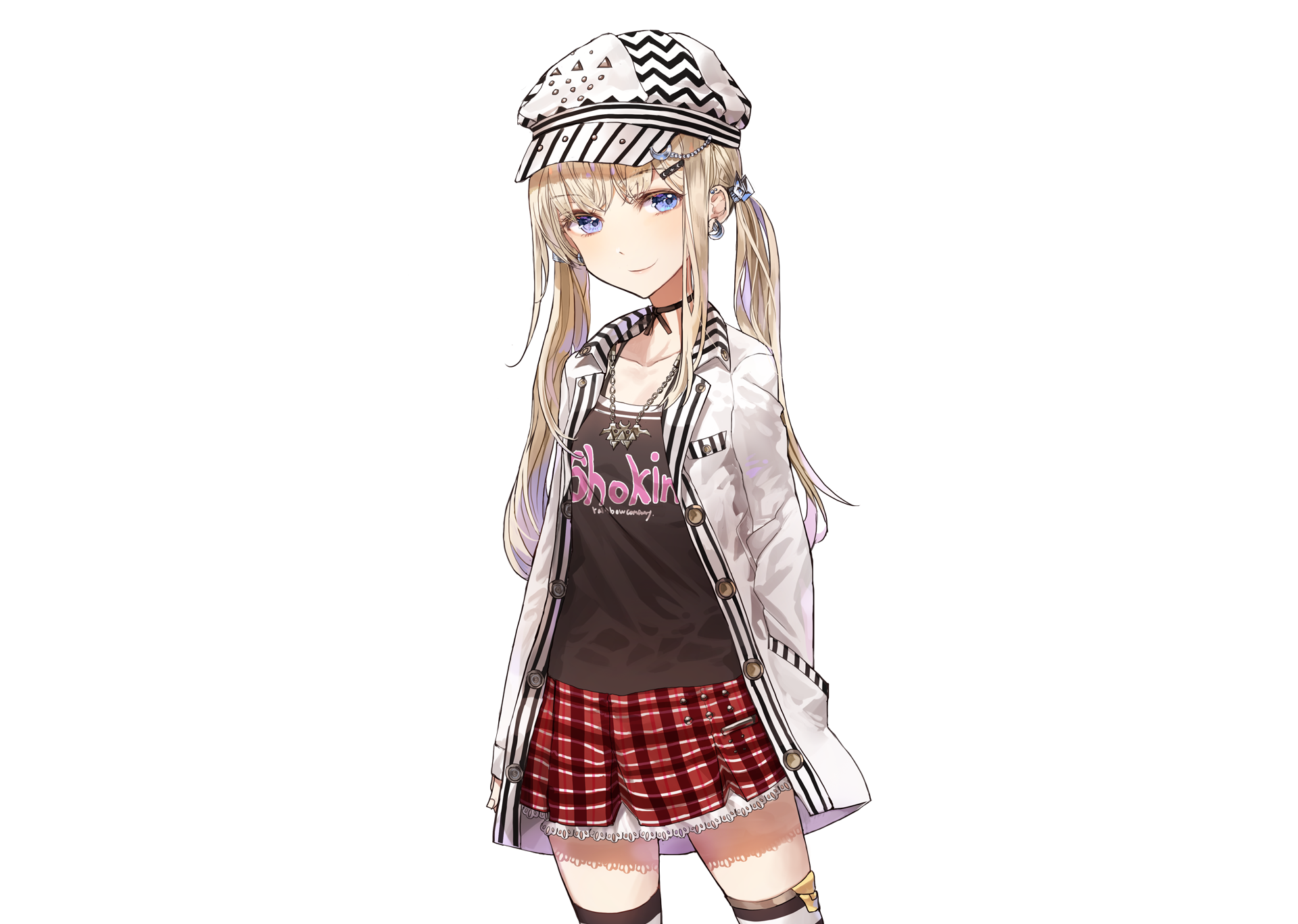 Anime girl with blonde hair and blue eyes wearing a hat and skirt HD Wallpaper