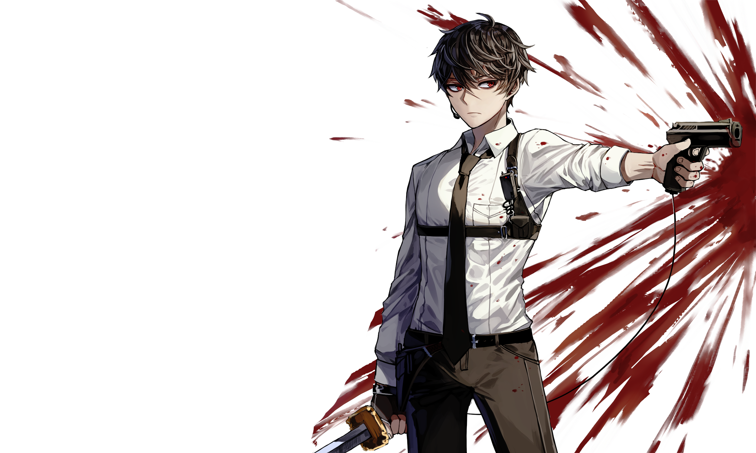 Anime man with gun and sword, blood splatter HD Wallpaper