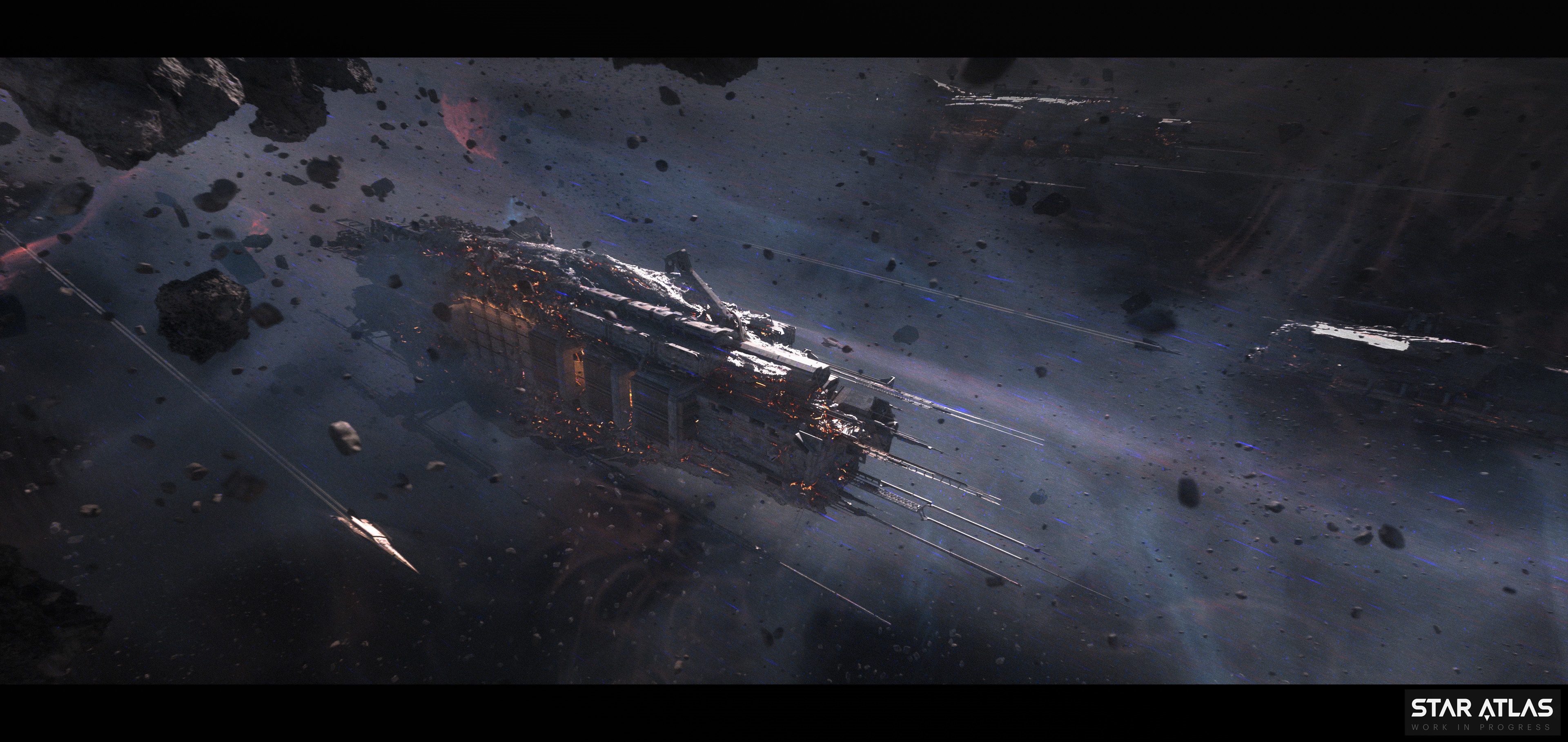 Star Atlas spaceship in asteroid field HD Wallpaper