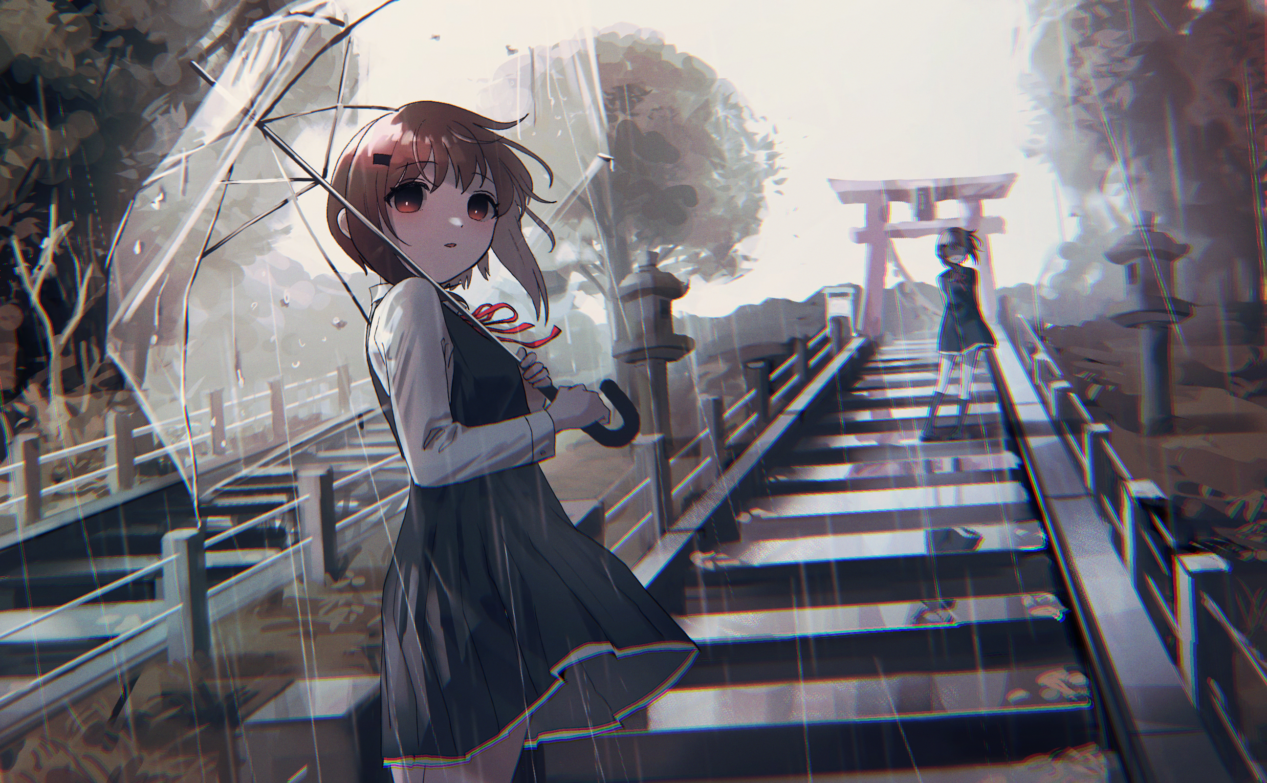 Girl with umbrella on stairs in rain HD Wallpaper
