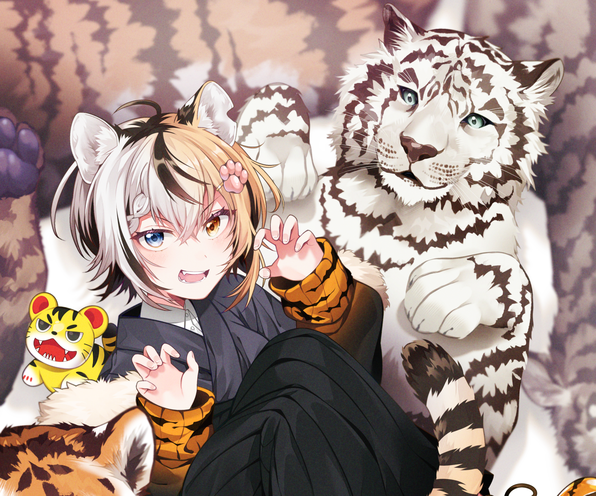 Anime girl with heterochromia and white tiger HD Wallpaper