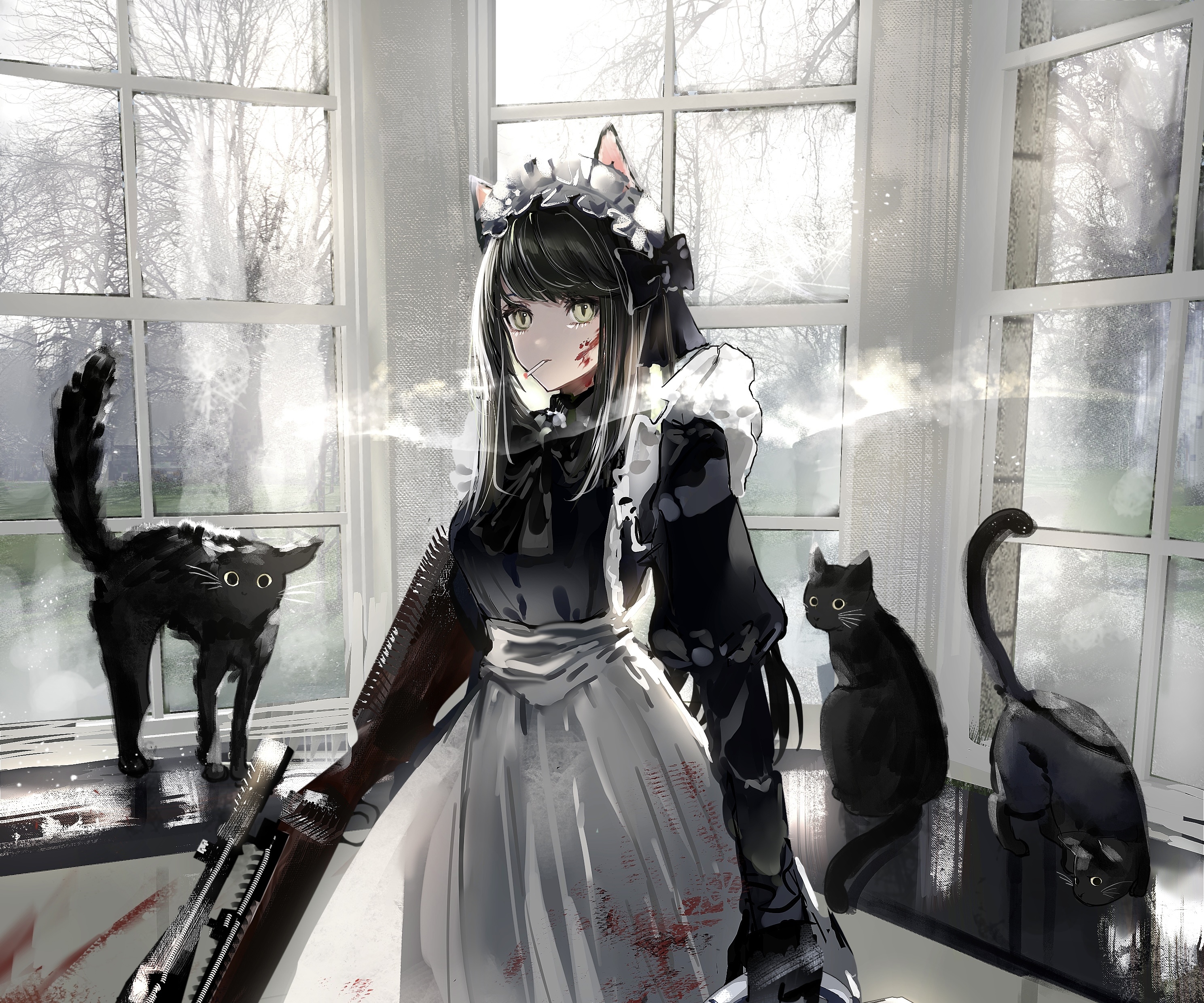 Girl in Maid Outfit with Cats and Gun HD Wallpaper