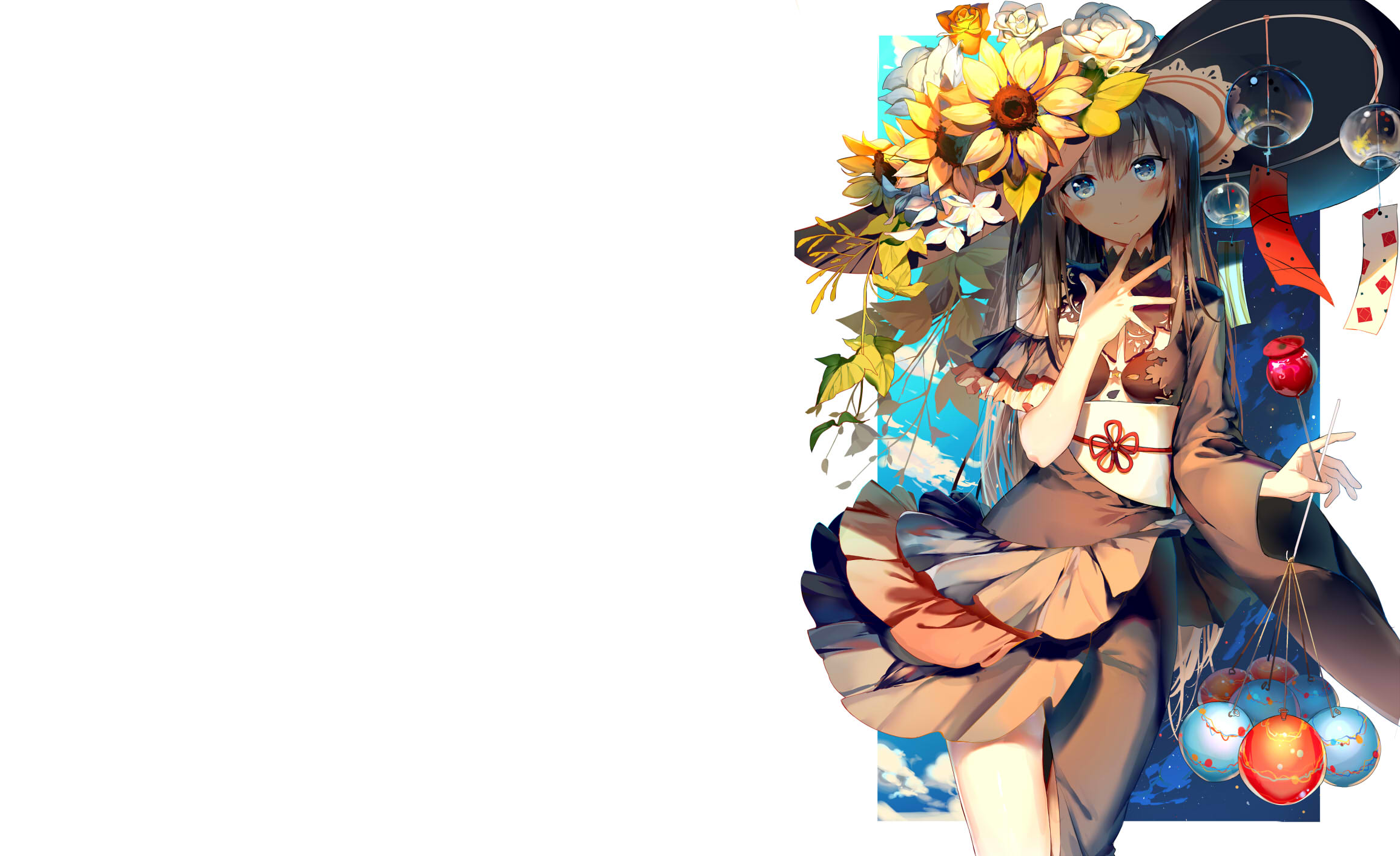 Girl with sunflowers and wind chimes HD Wallpaper