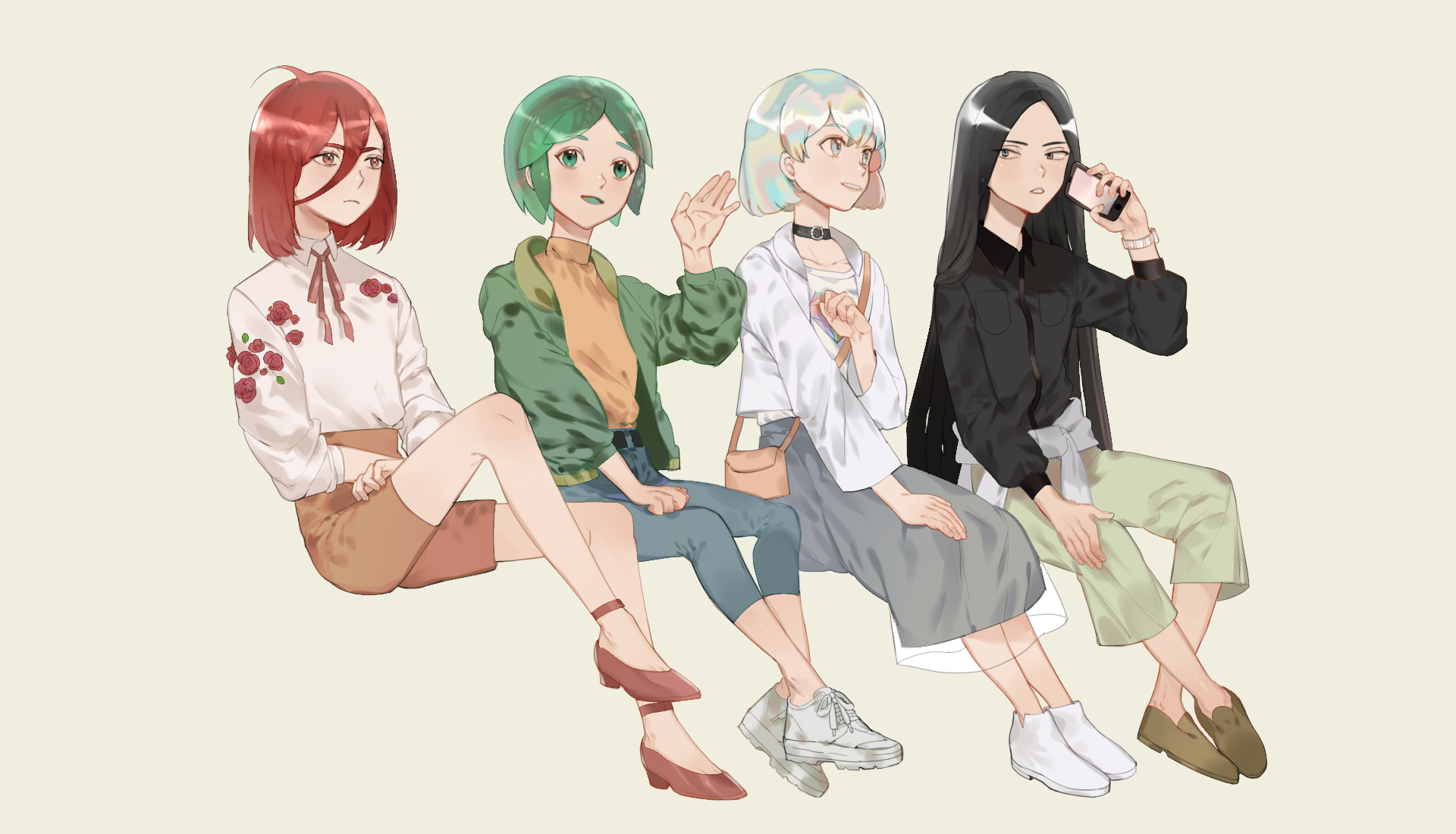 Four girls from Houseki no Kuni sitting together HD Wallpaper