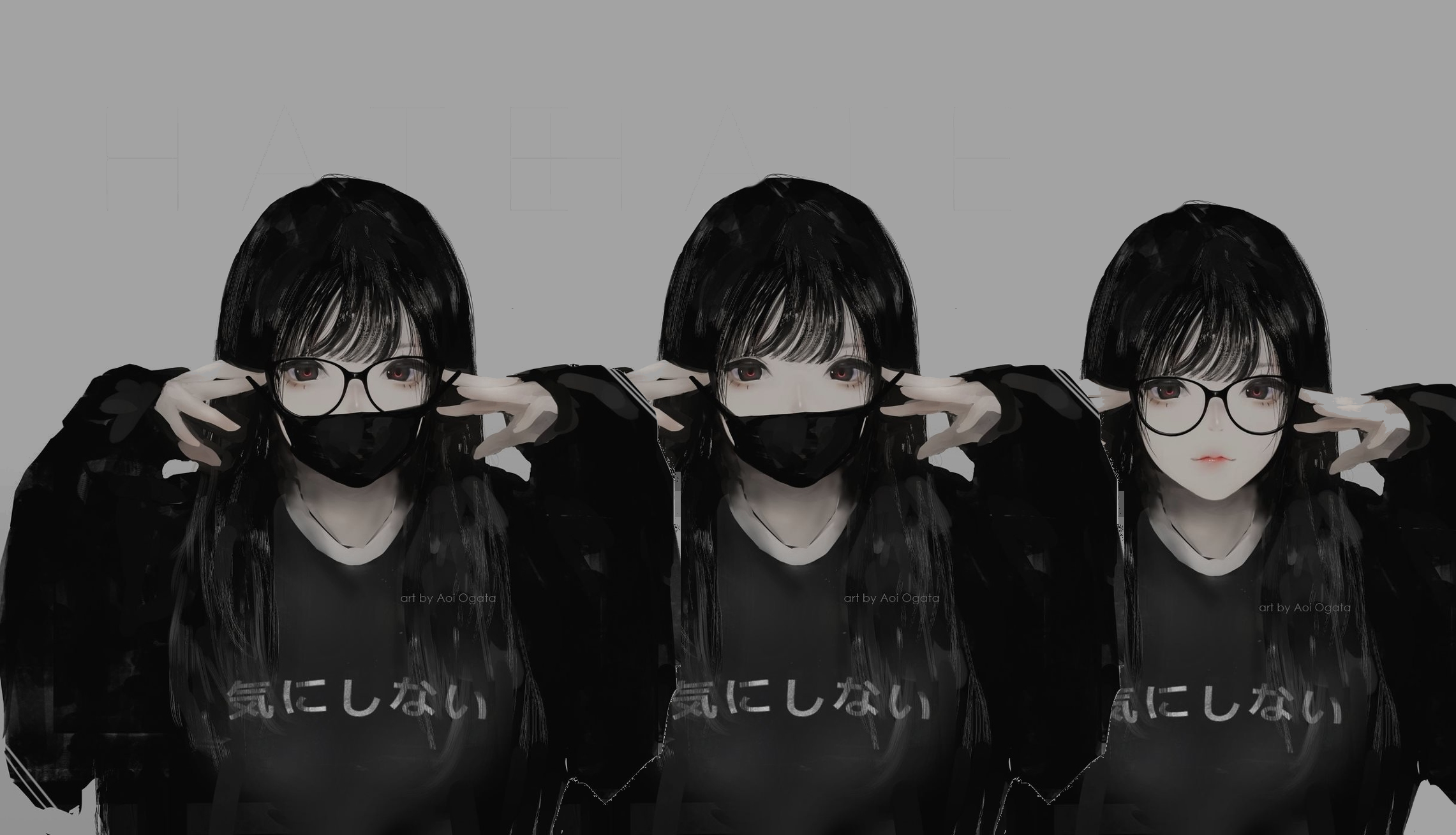 Three anime girls with black hair and glasses HD Wallpaper