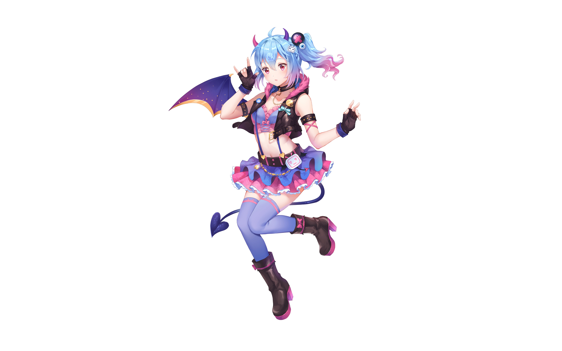 Anime girl with blue and pink hair and devil wings HD Wallpaper