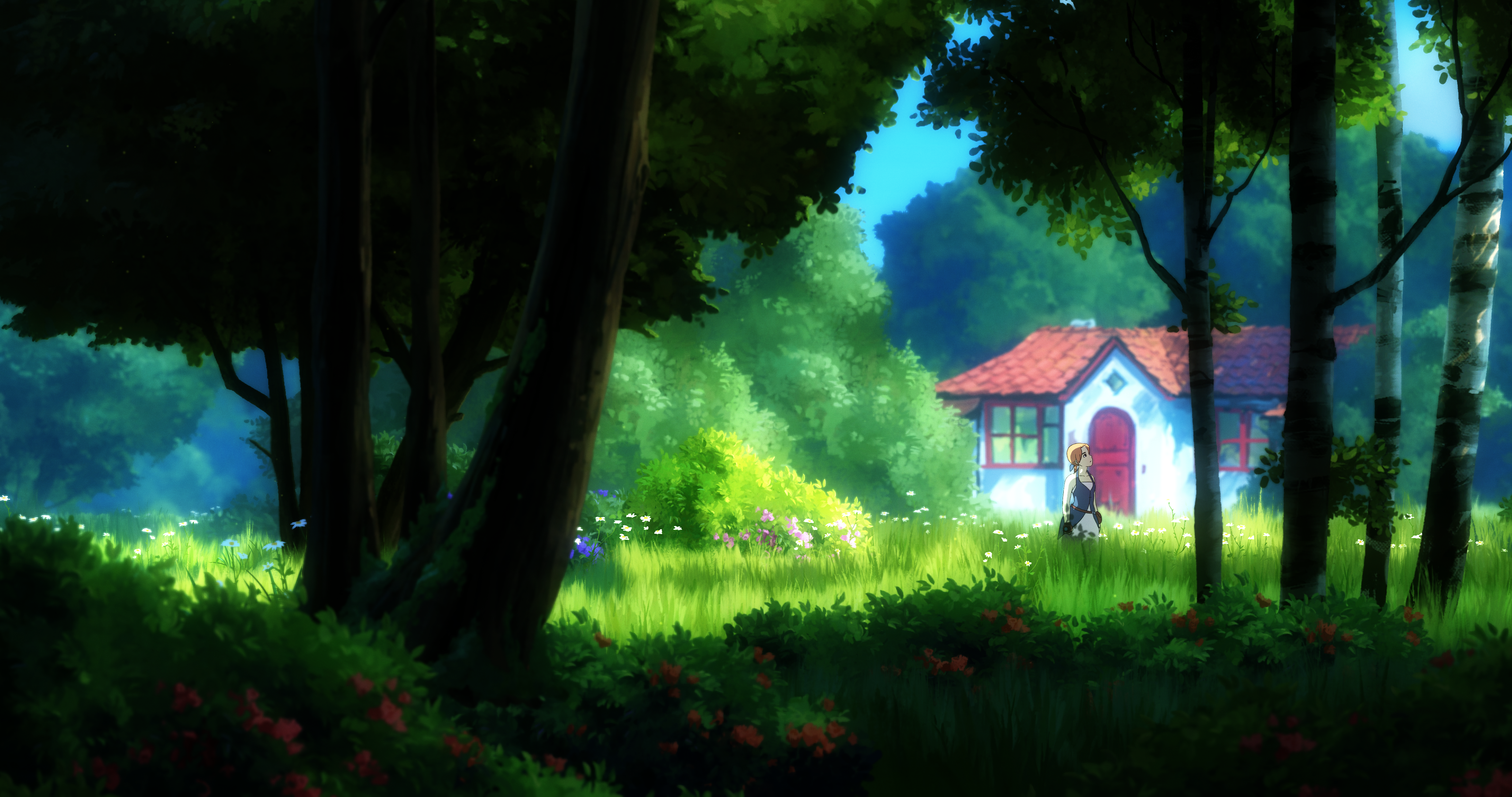 Girl in a forest near a house HD Wallpaper
