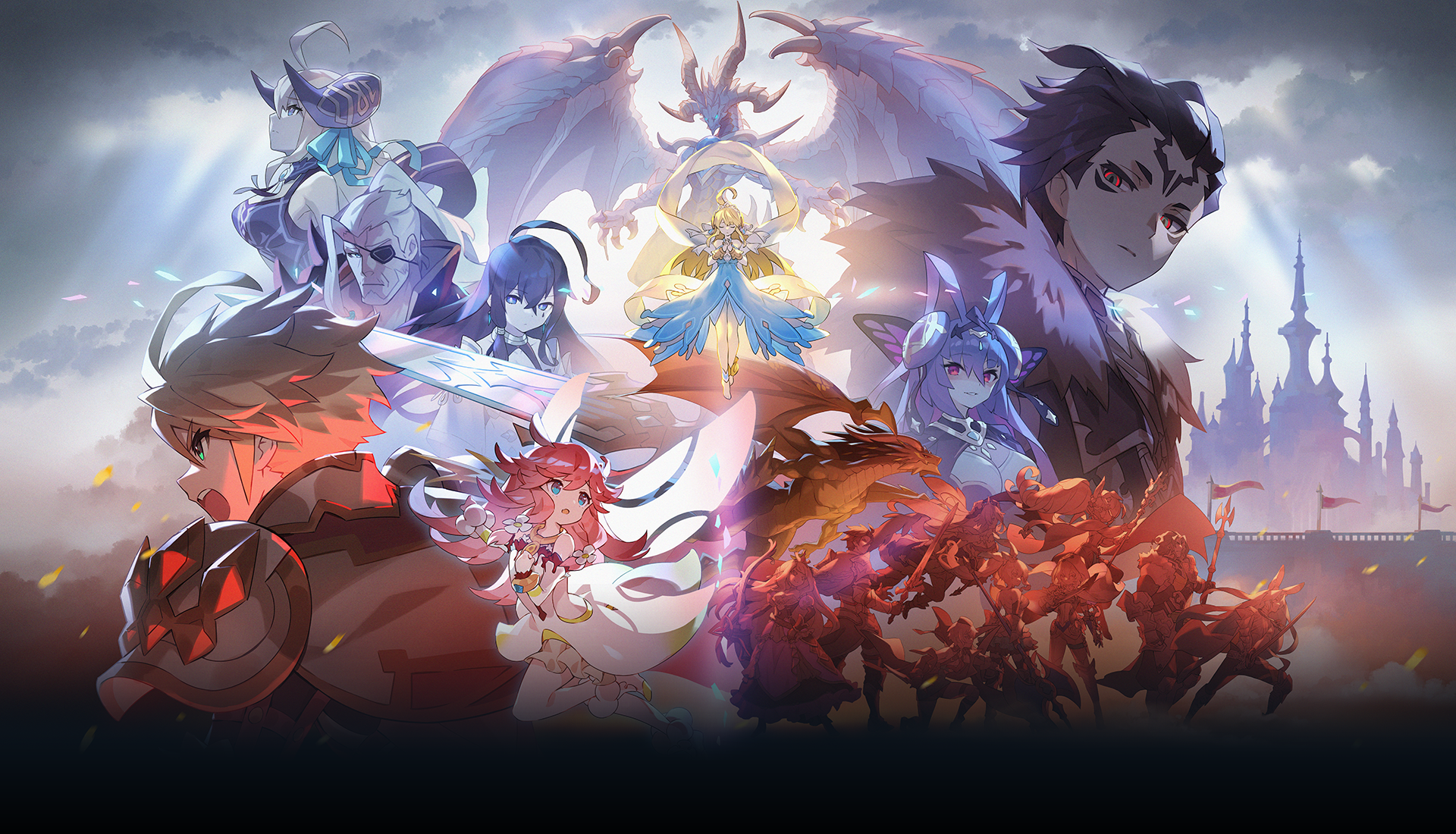 Dragalia Lost characters with dragons and castle HD Wallpaper