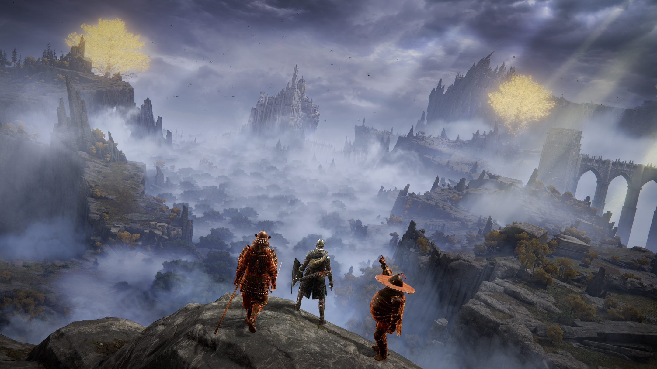 Elden Ring characters overlook a misty landscape HD Wallpaper