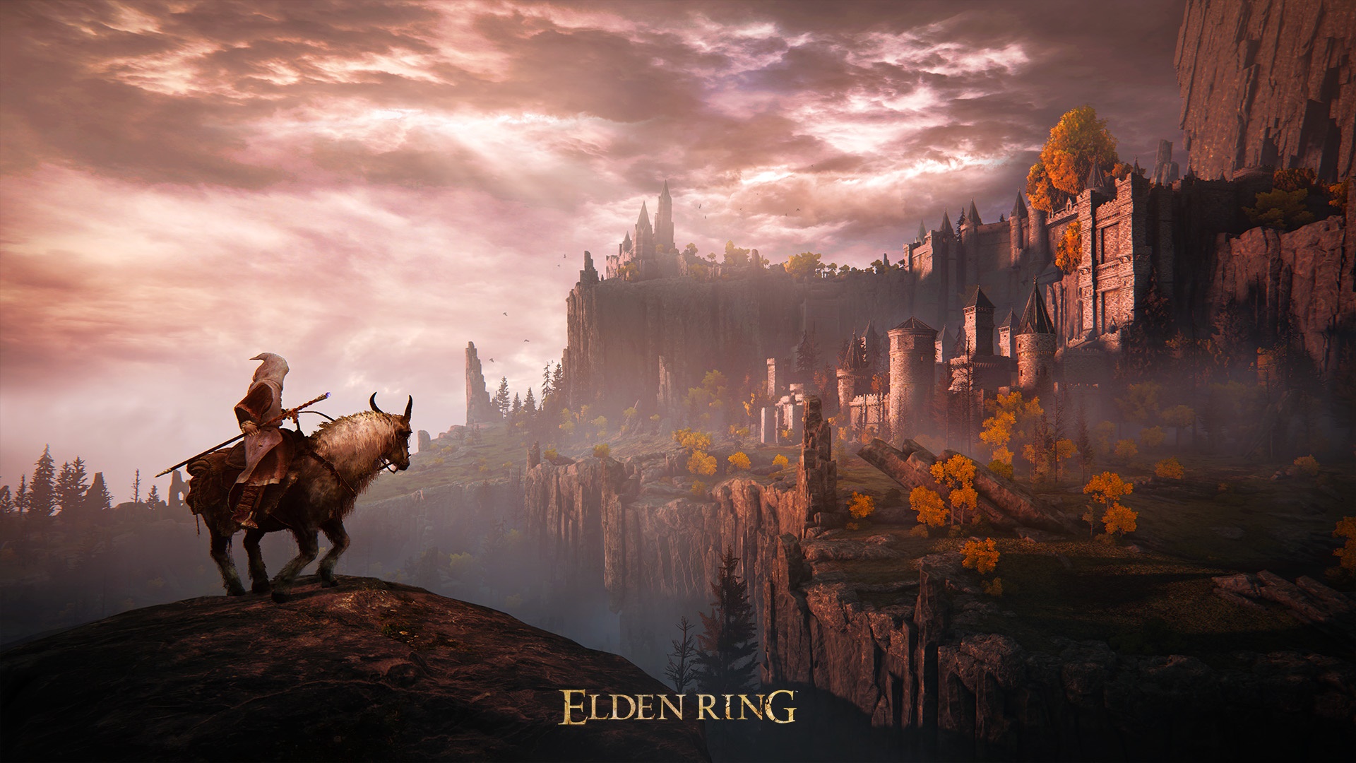 Elden Ring landscape with a rider on a goat HD Wallpaper