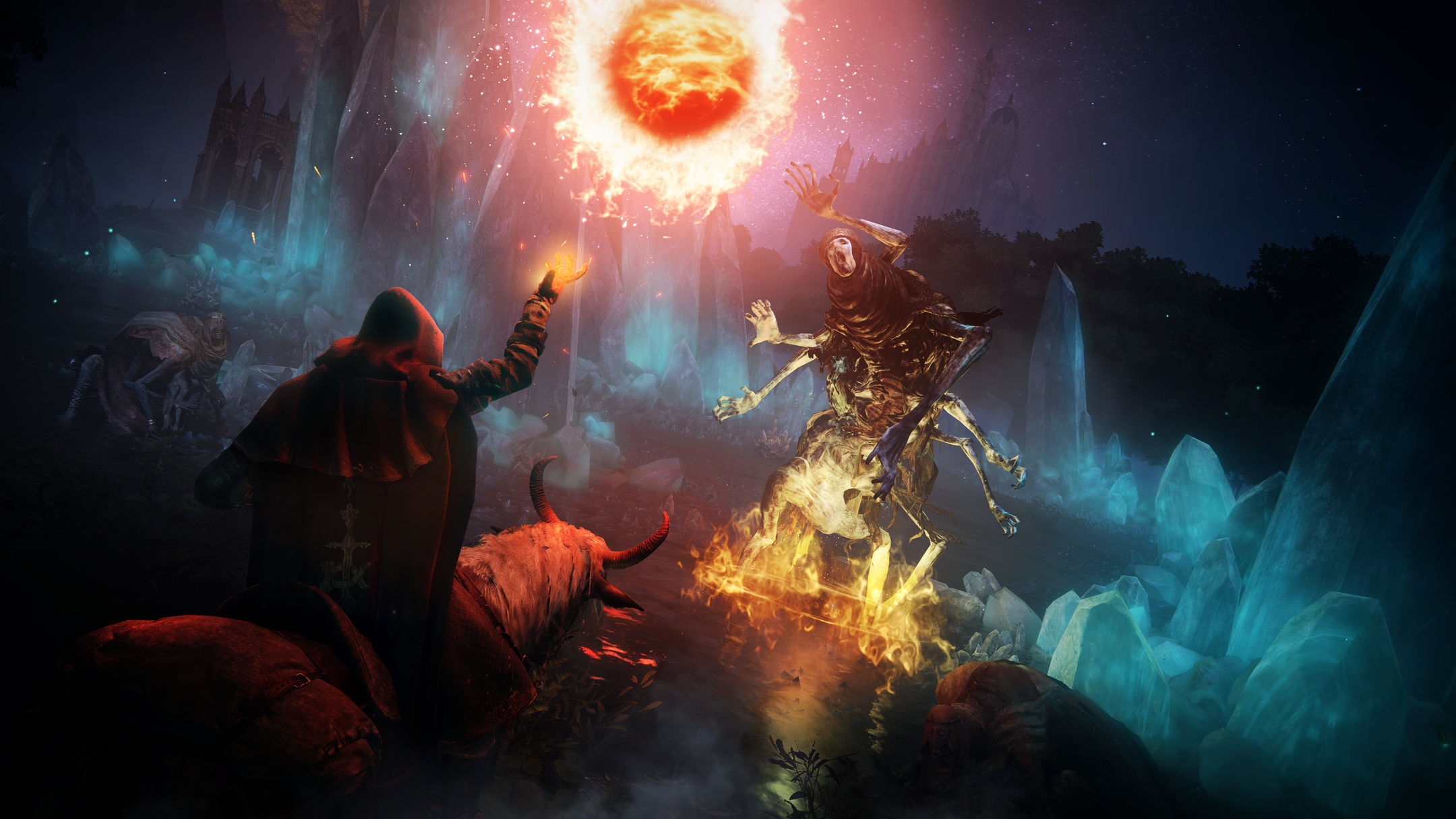 Elden Ring: Tarnished fights a spectral enemy with a fiery orb HD Wallpaper