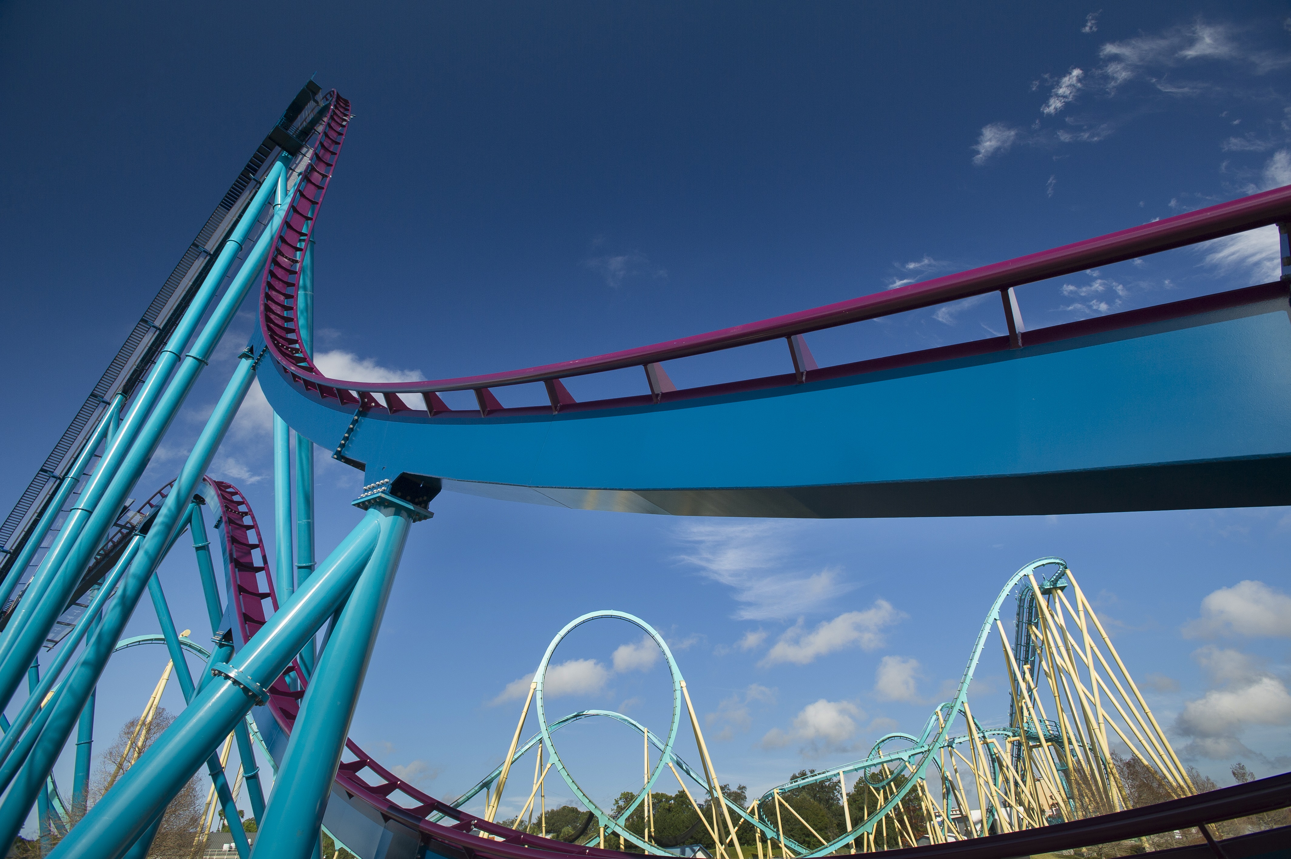 Roller coaster tracks against a blue sky HD Wallpaper