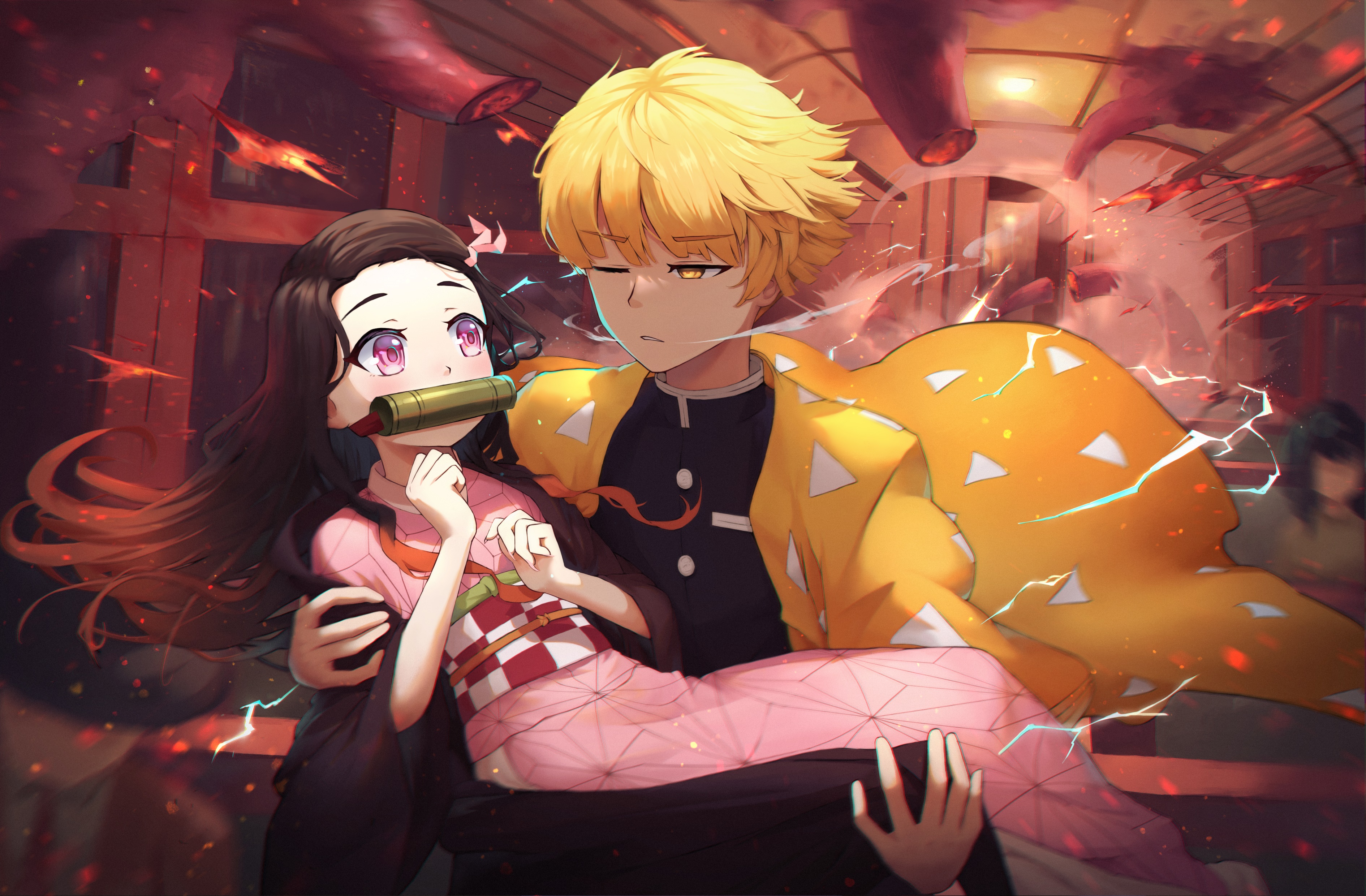 Zenitsu Agatsuma carrying Nezuko Kamado from Demon Slayer HD Wallpaper