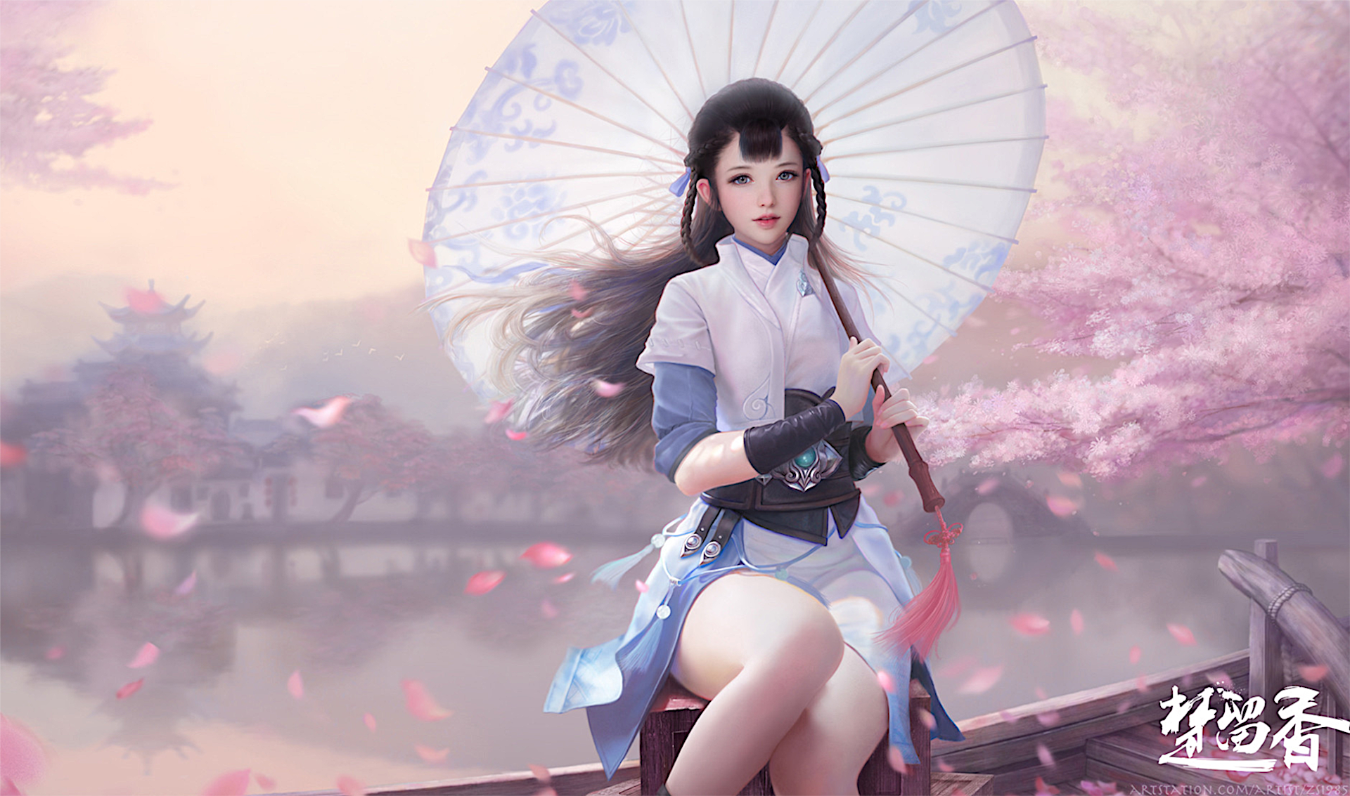 Girl with umbrella in a cherry blossom garden HD Wallpaper