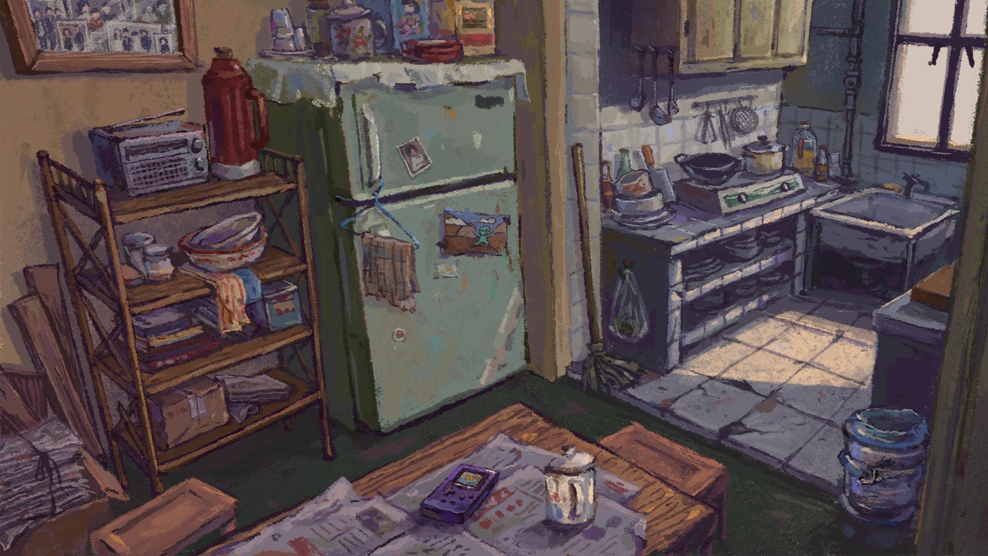 A cluttered kitchen with a refrigerator and shelves HD Wallpaper