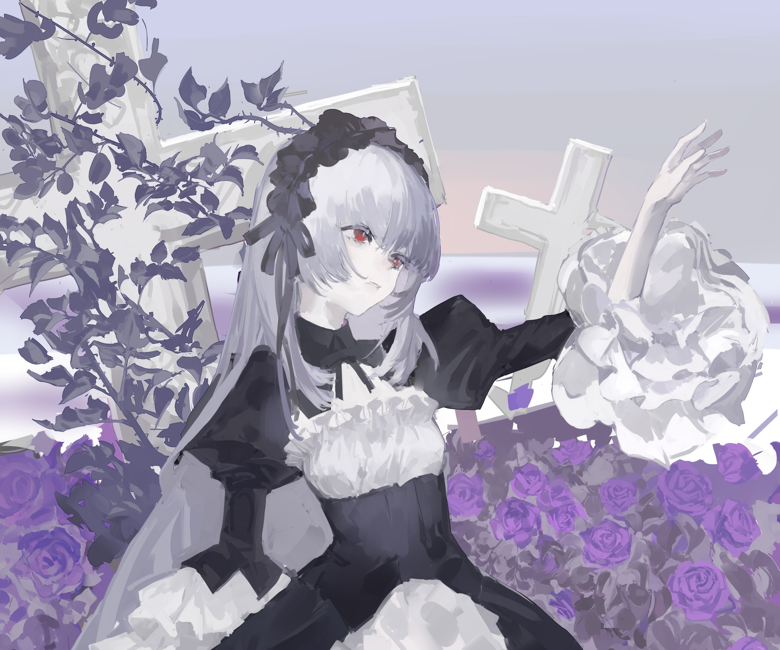 Suigintou from Rozen Maiden with roses and crosses HD Wallpaper