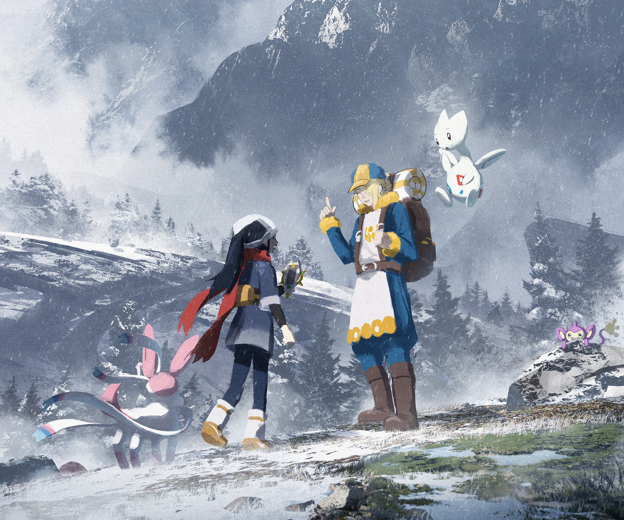 Akari and Volo with Pokémon in snowy Sinnoh HD Wallpaper