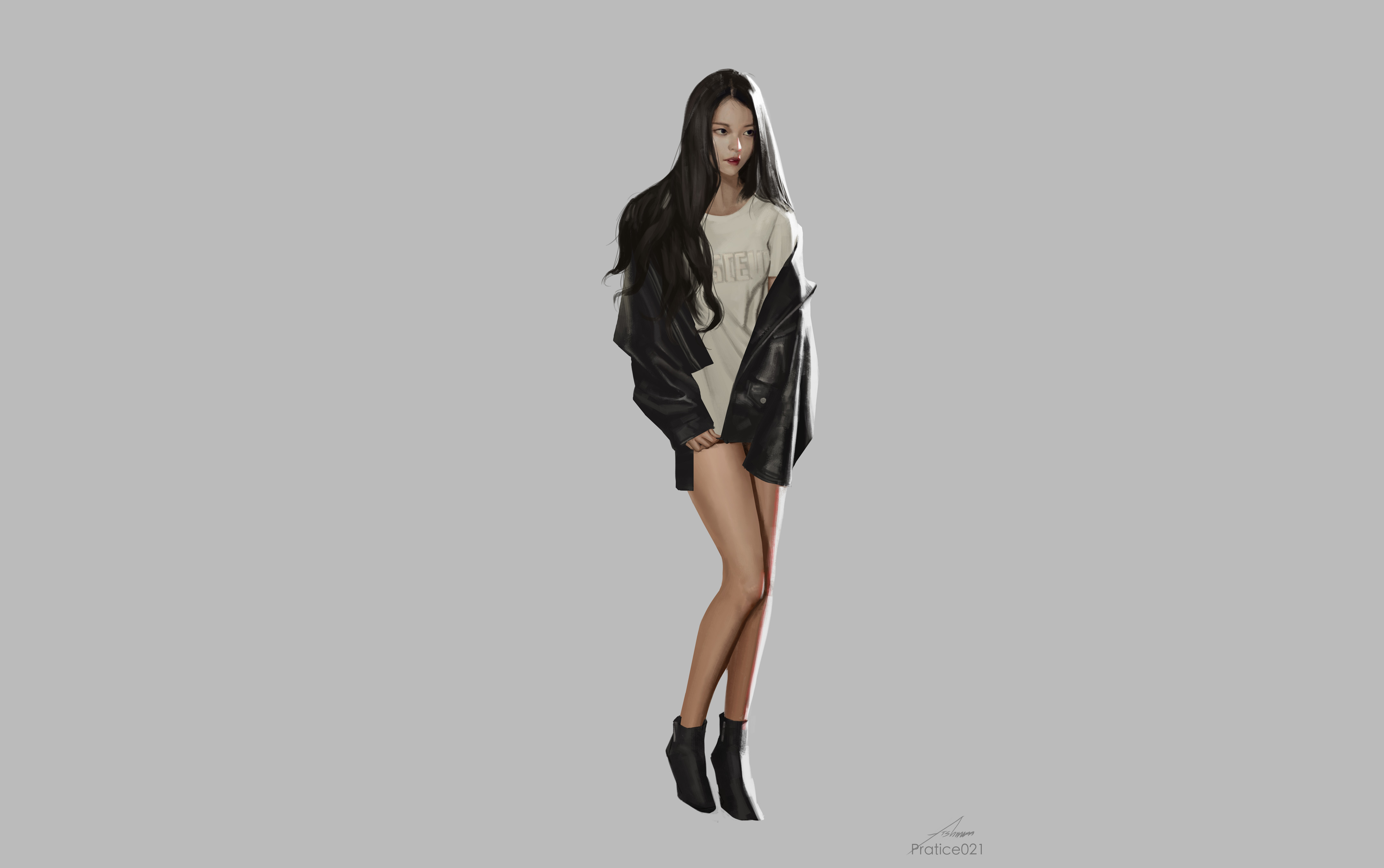 Asian Woman in Leather Jacket and Boots HD Wallpaper