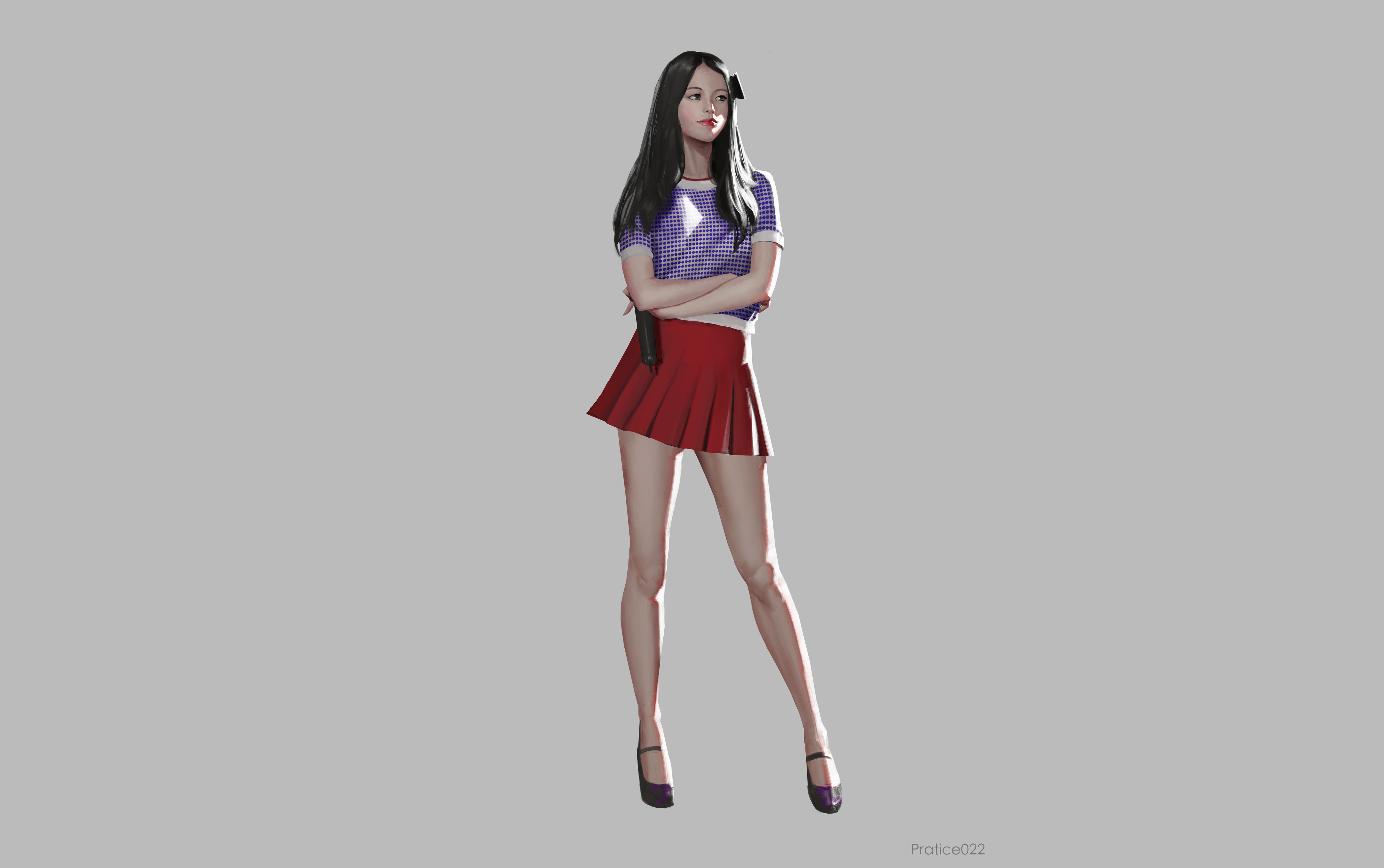 Asian Woman in Plaid Shirt and Red Skirt HD Wallpaper