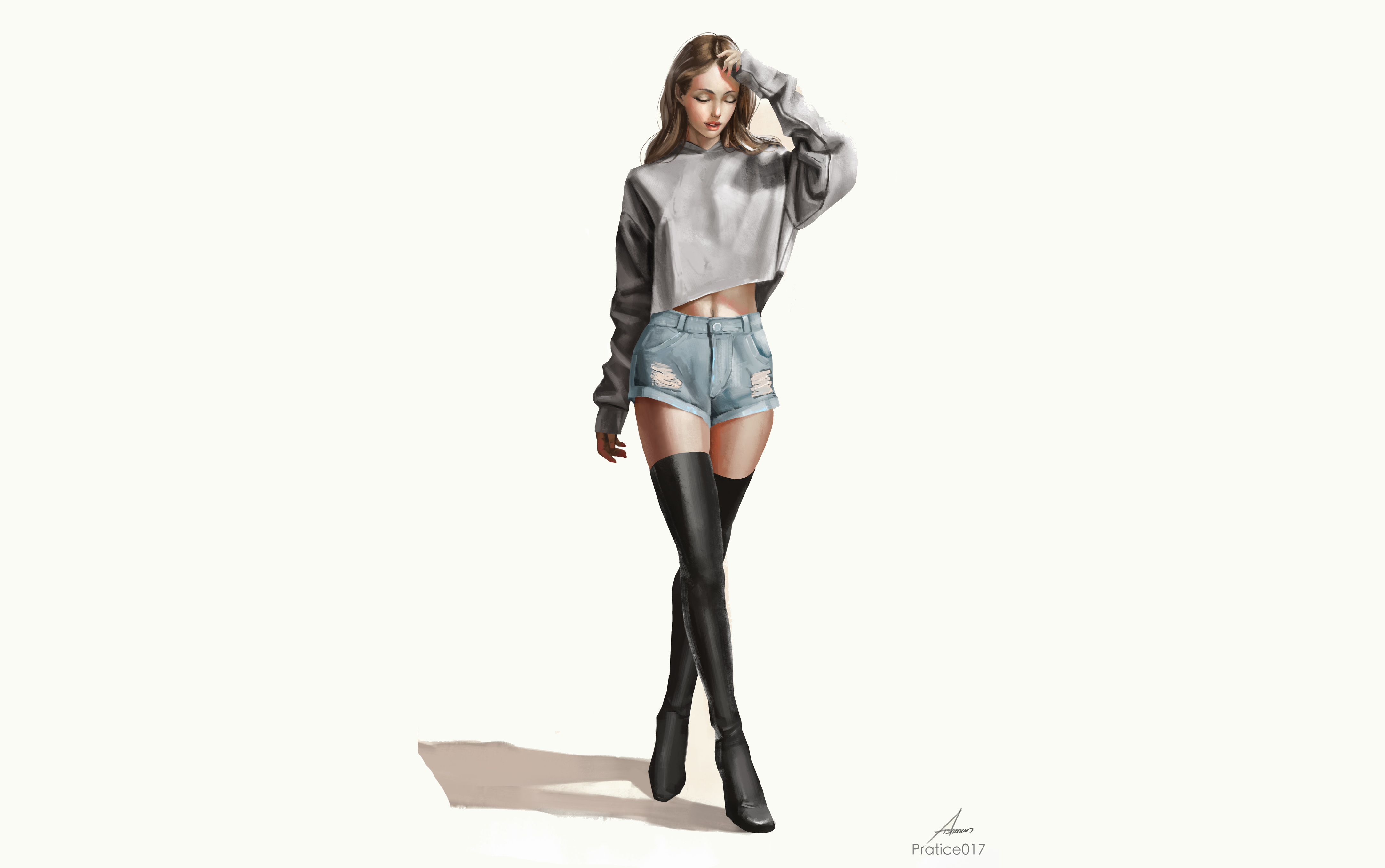 Woman in crop top and denim shorts with thigh-high boots HD Wallpaper
