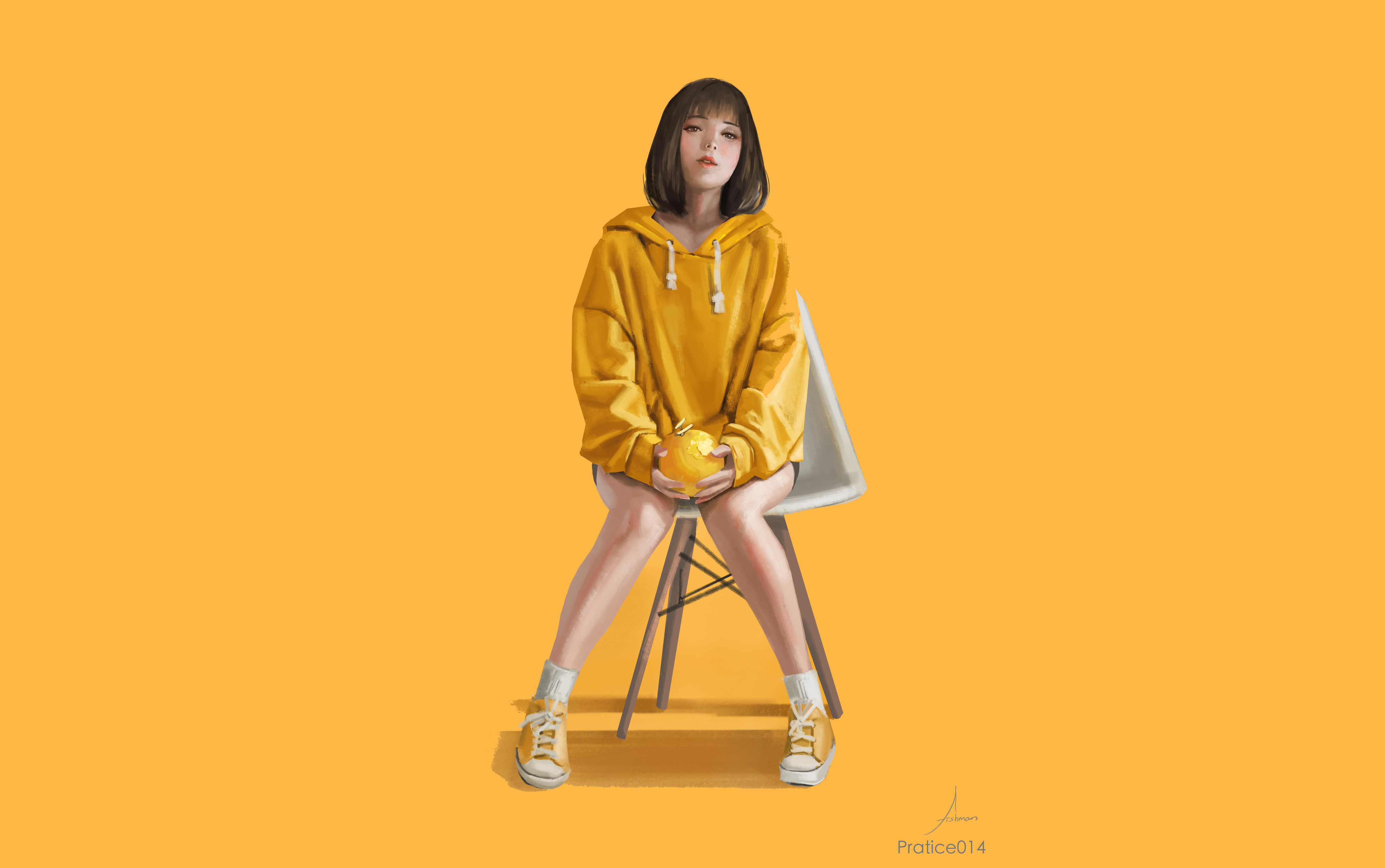 Asian girl in yellow hoodie holding an orange HD Wallpaper