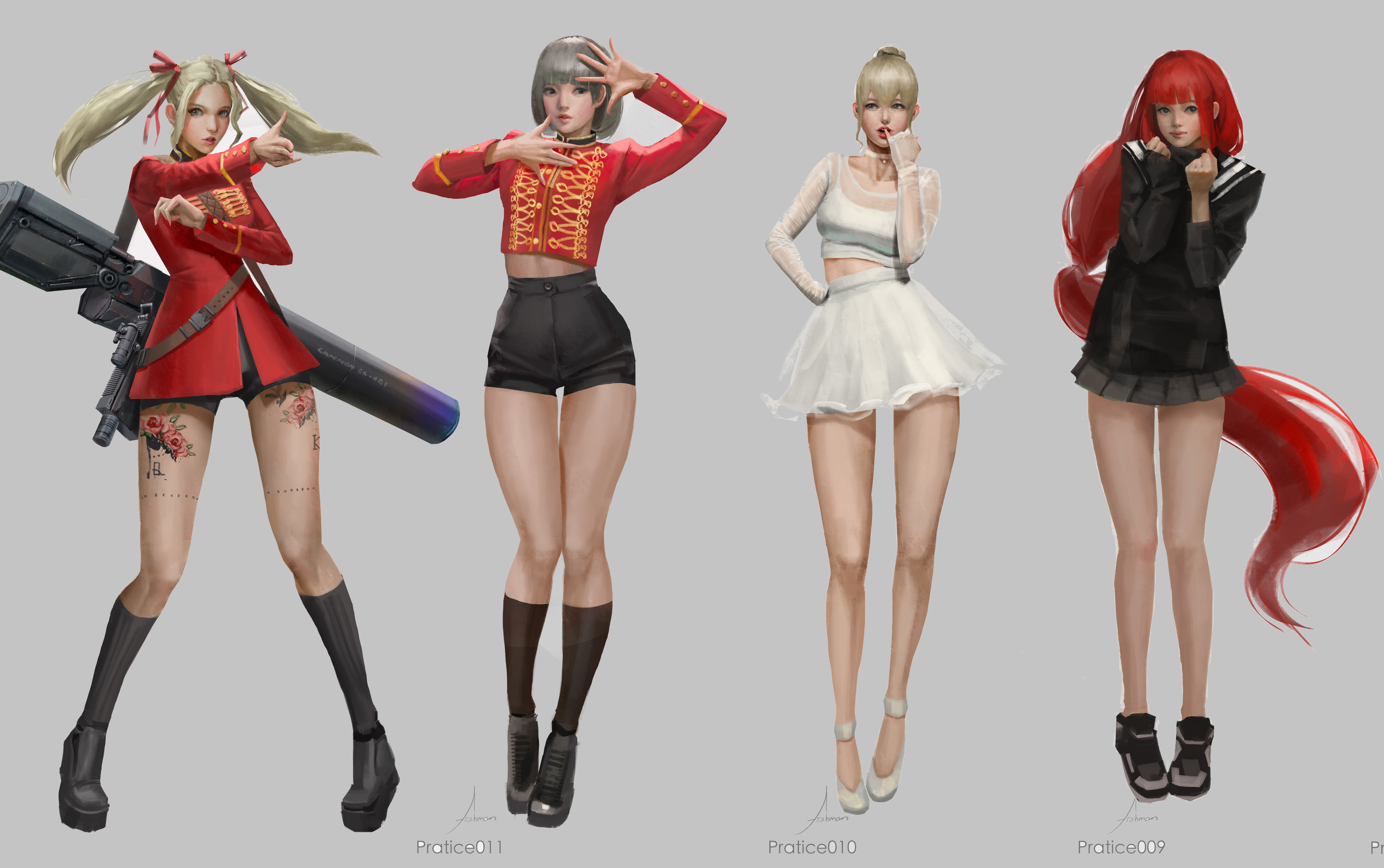 Four anime girls in outfits with a gun HD Wallpaper