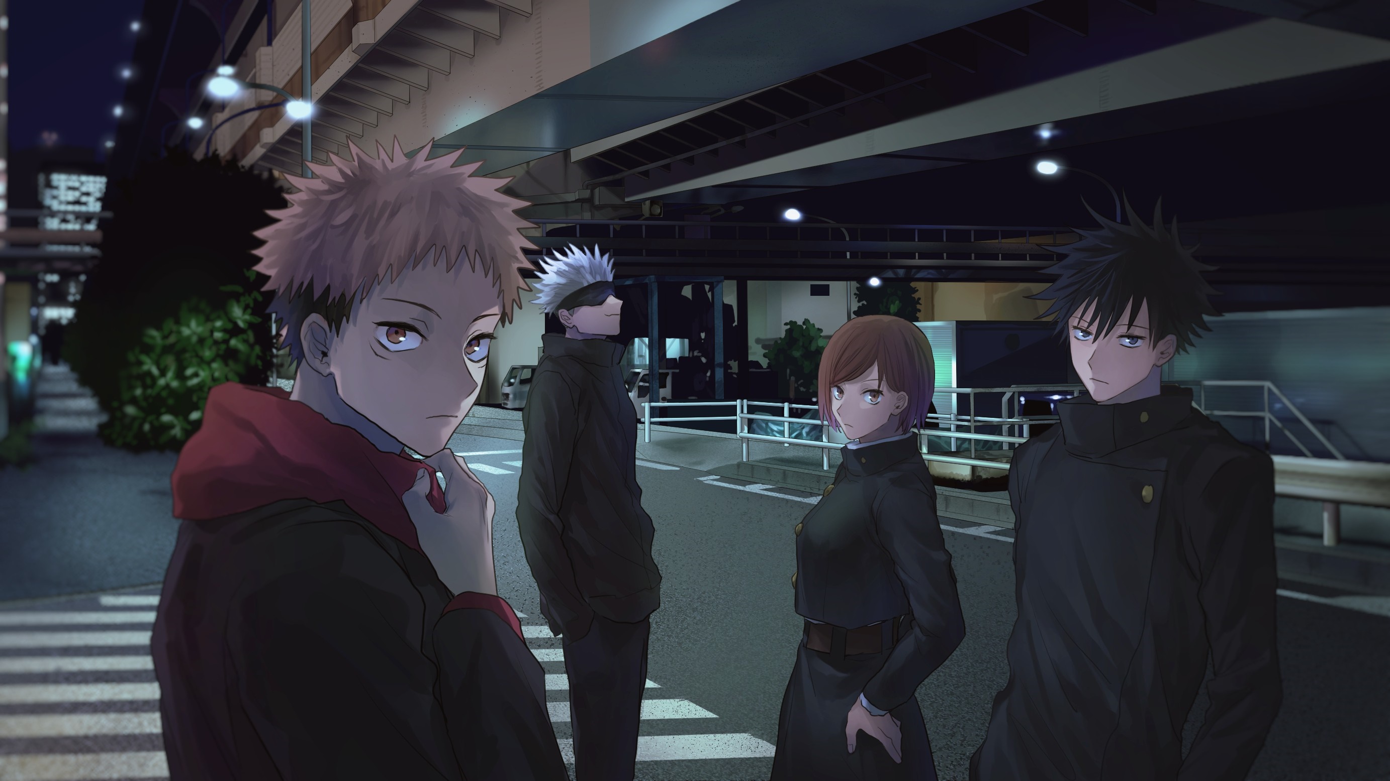 Yuji Itadori, Megumi Fushiguro, Satoru Gojo, and Nobara Kugisaki from Jujutsu Kaisen HD Wallpaper