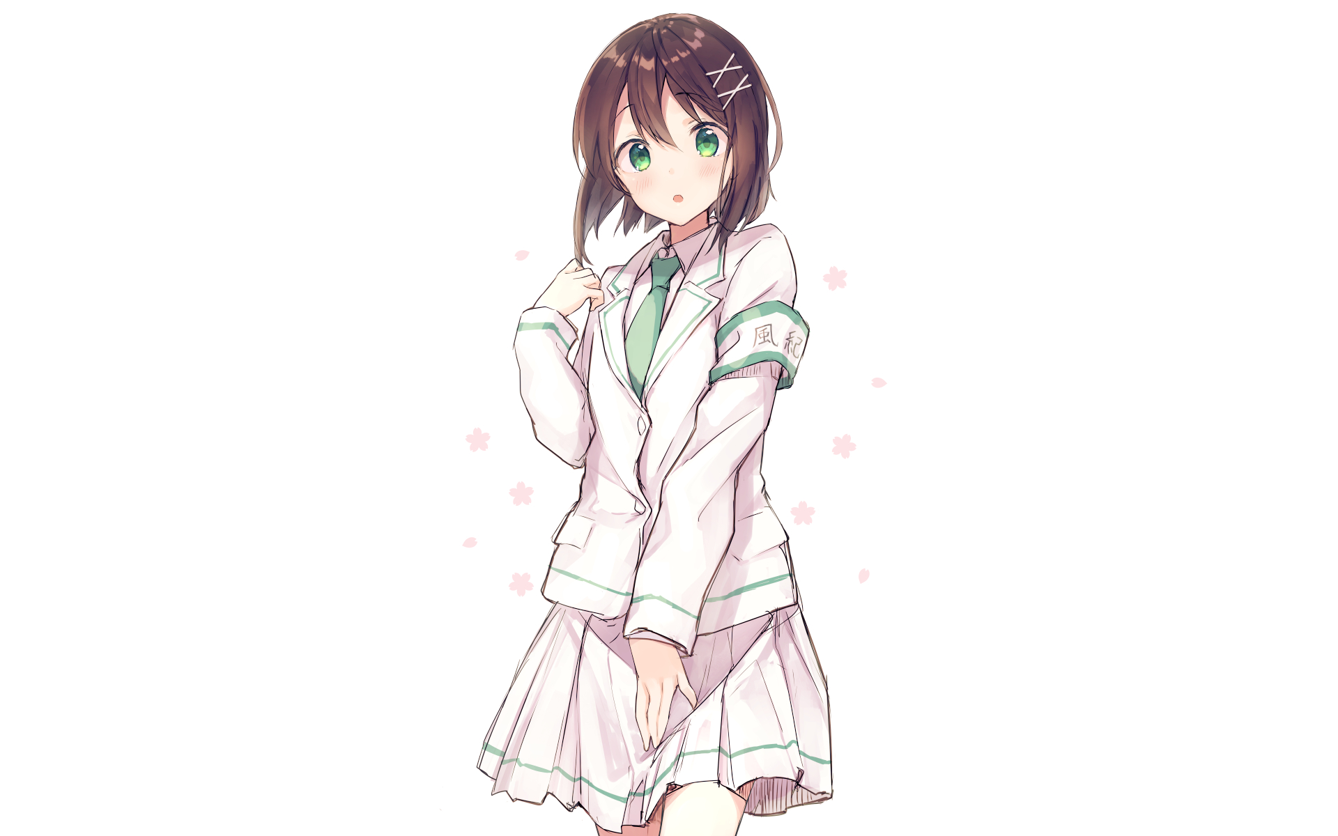 Anime girl in school uniform with green tie and skirt HD Wallpaper