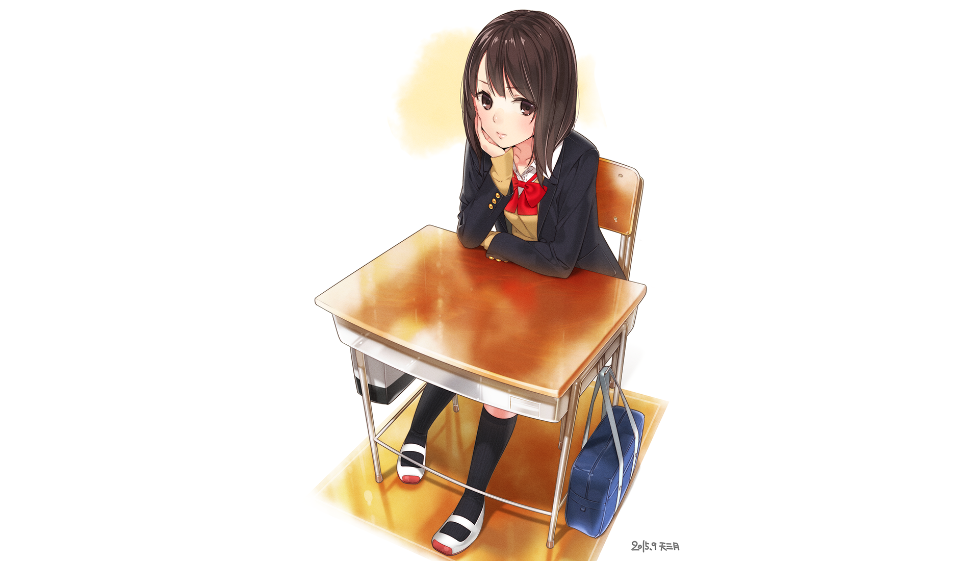 Girl sitting at a school desk HD Wallpaper