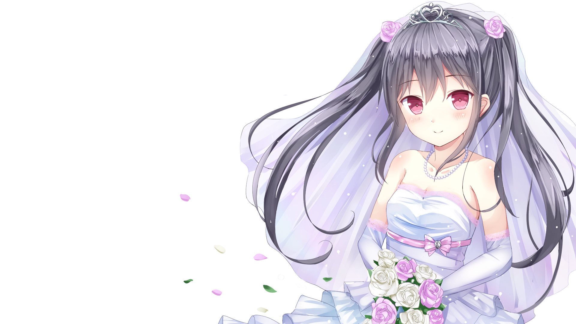 Anime Girl in Wedding Dress Holding Flowers HD Wallpaper