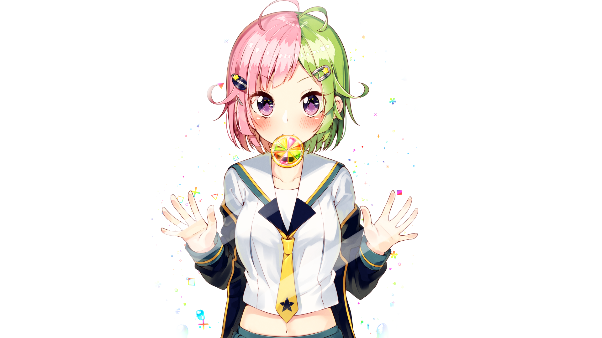 Anime girl with pink and green hair holding a lollipop HD Wallpaper