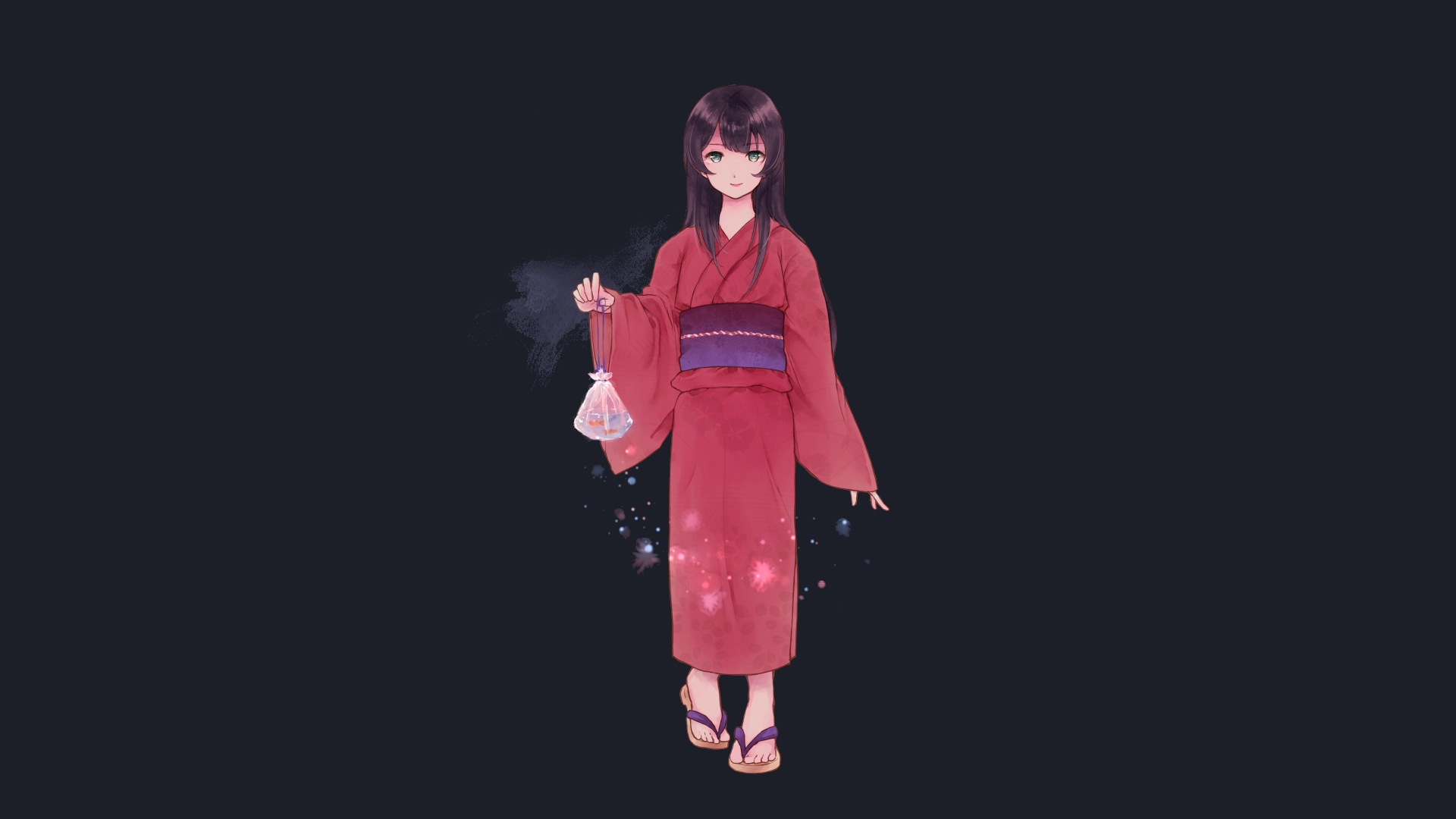 Girl in Red Kimono Holding a Bag HD Wallpaper