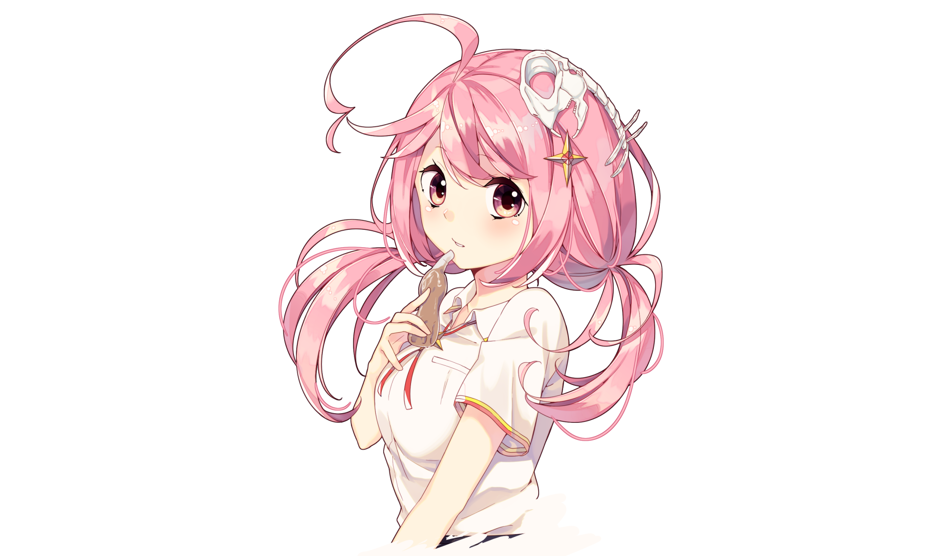 Anime girl with pink hair eating a snack HD Wallpaper