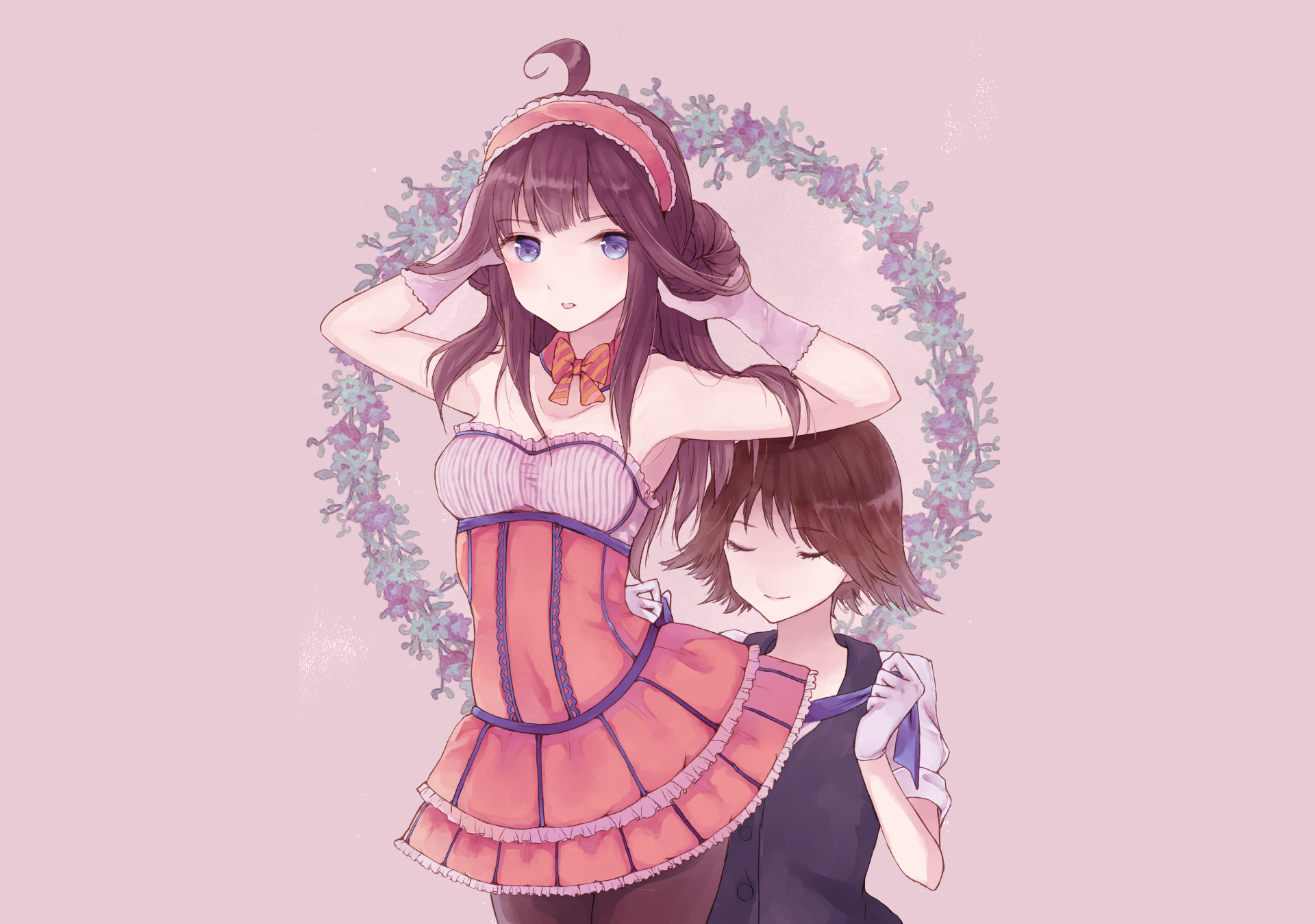 Two anime girls in a floral wreath HD Wallpaper