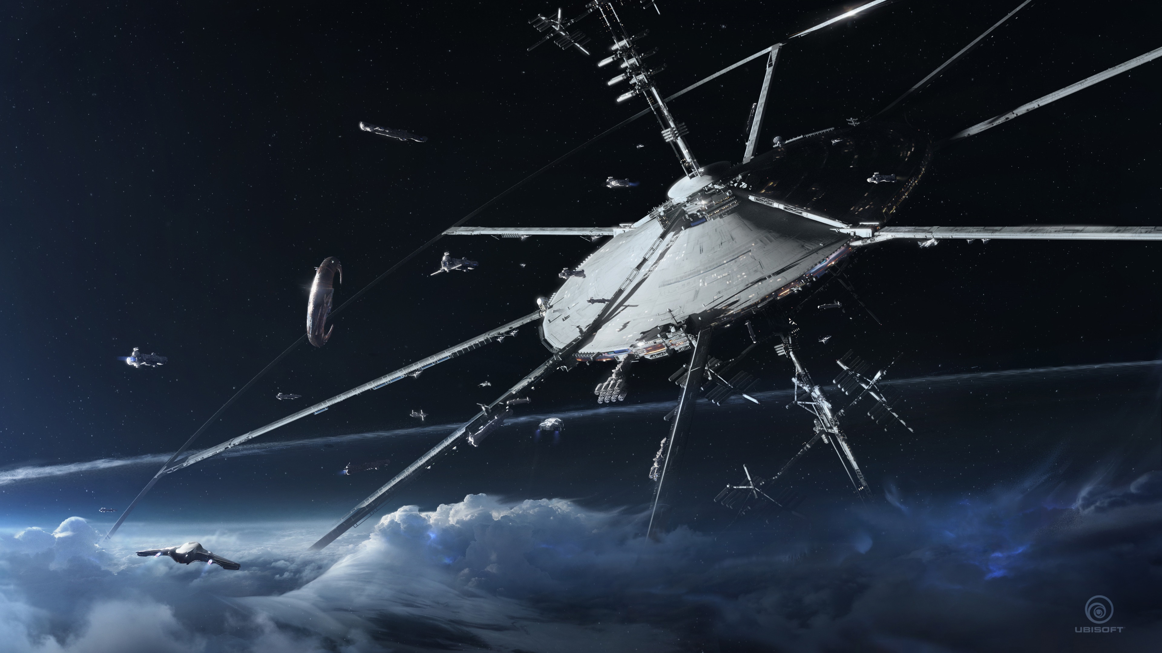 Space station with ships above clouds HD Wallpaper