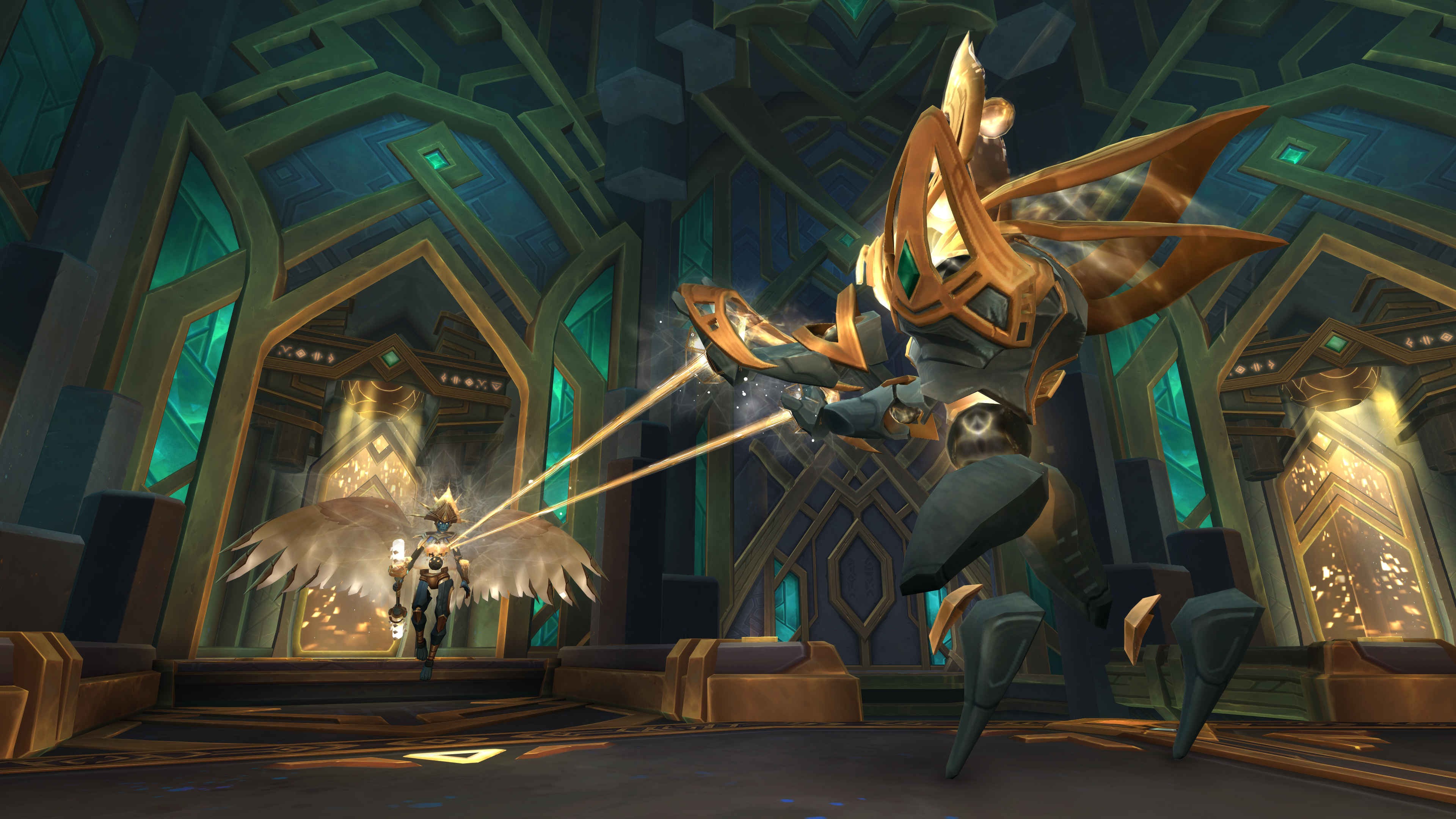 Two robotic figures in a golden and green chamber HD Wallpaper