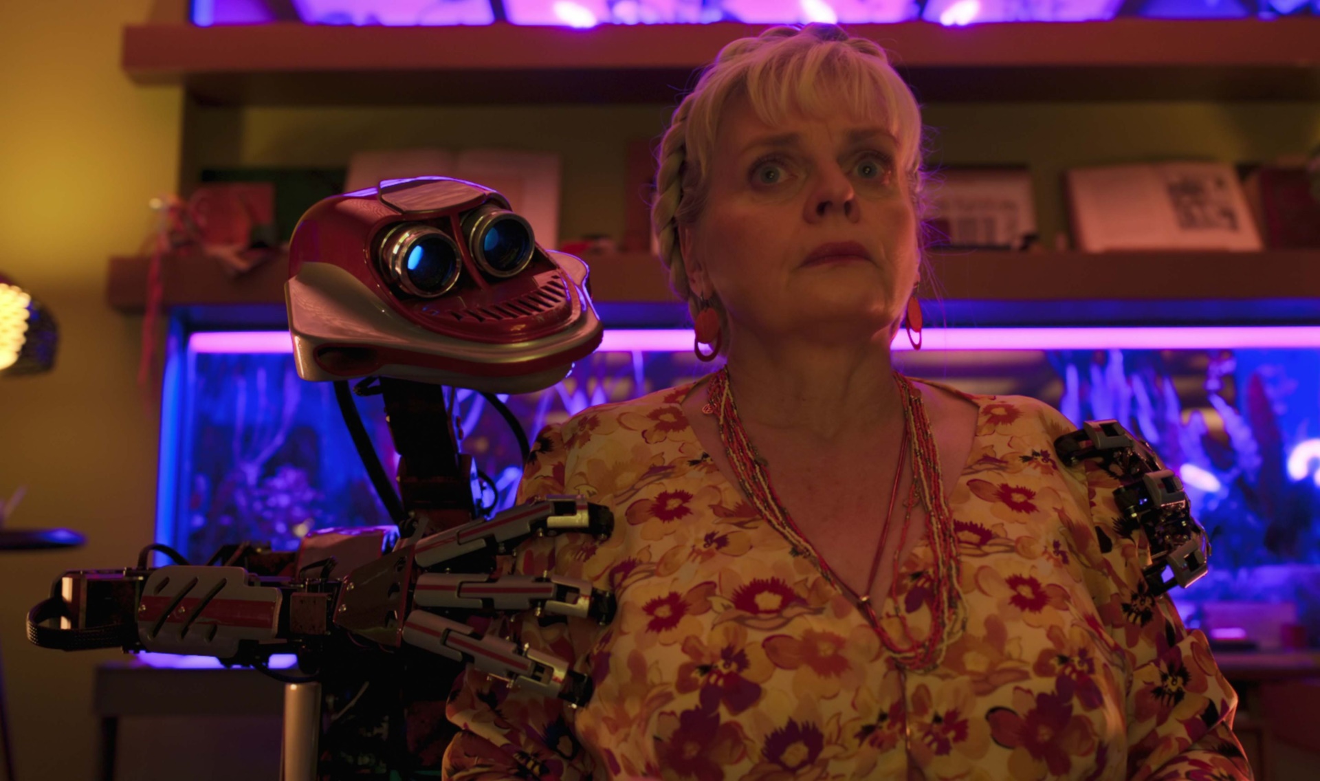 Woman and robot in a room HD Wallpaper
