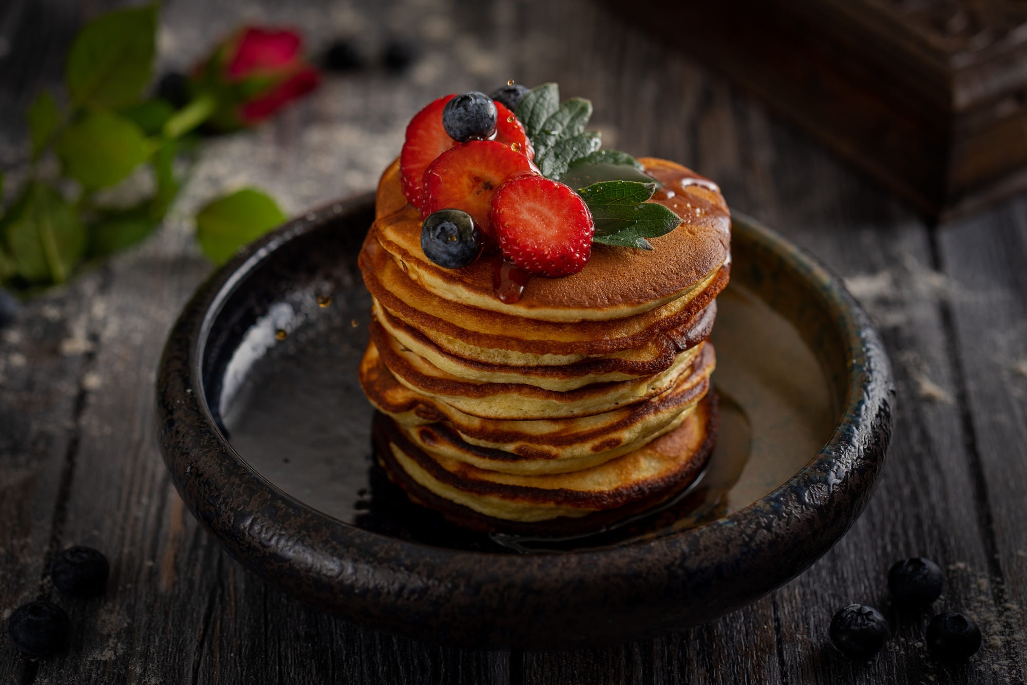 Stack of Pancakes with Strawberries and Blueberries HD Wallpaper