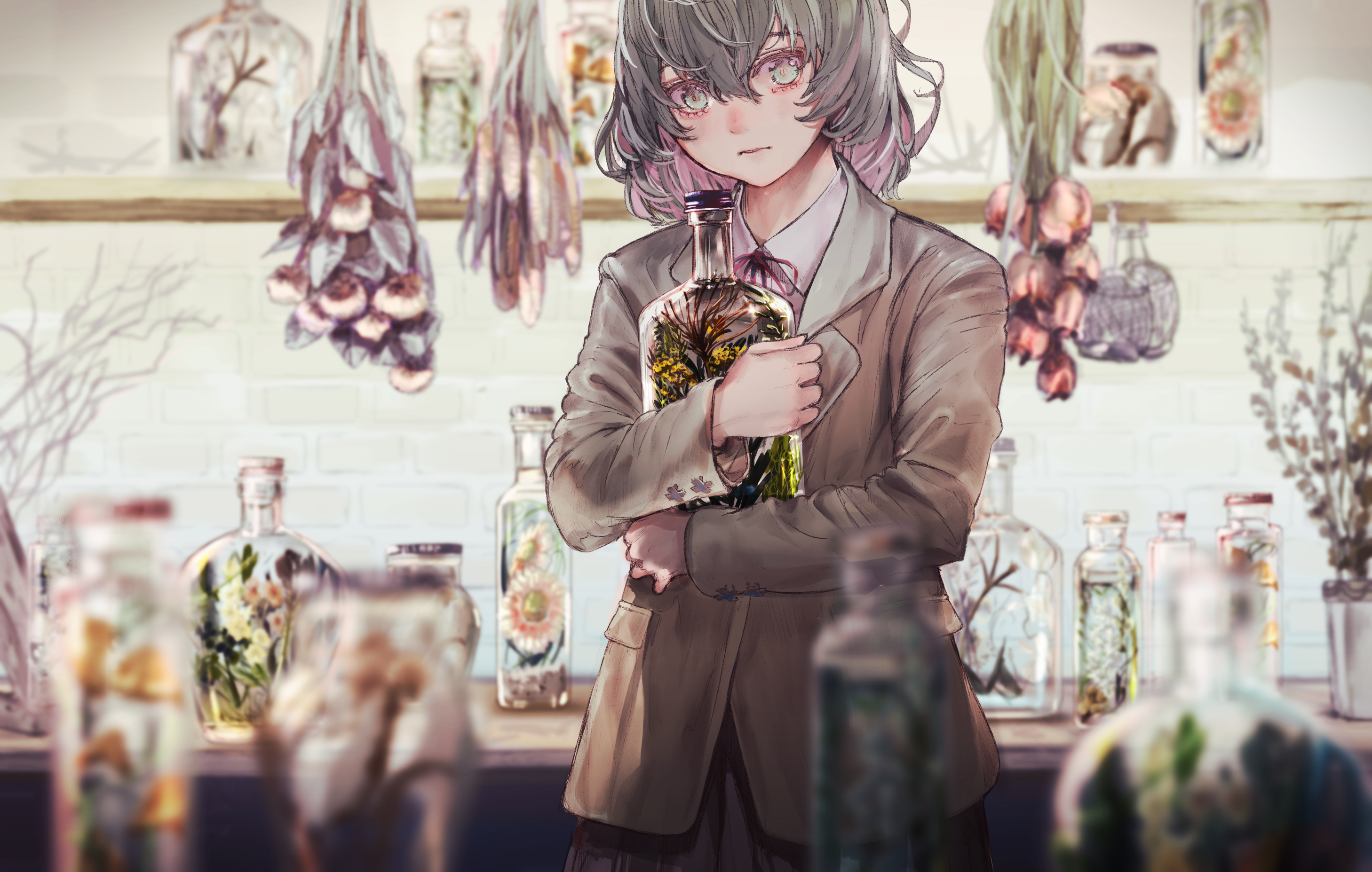 Girl holding a bottle with plants HD Wallpaper