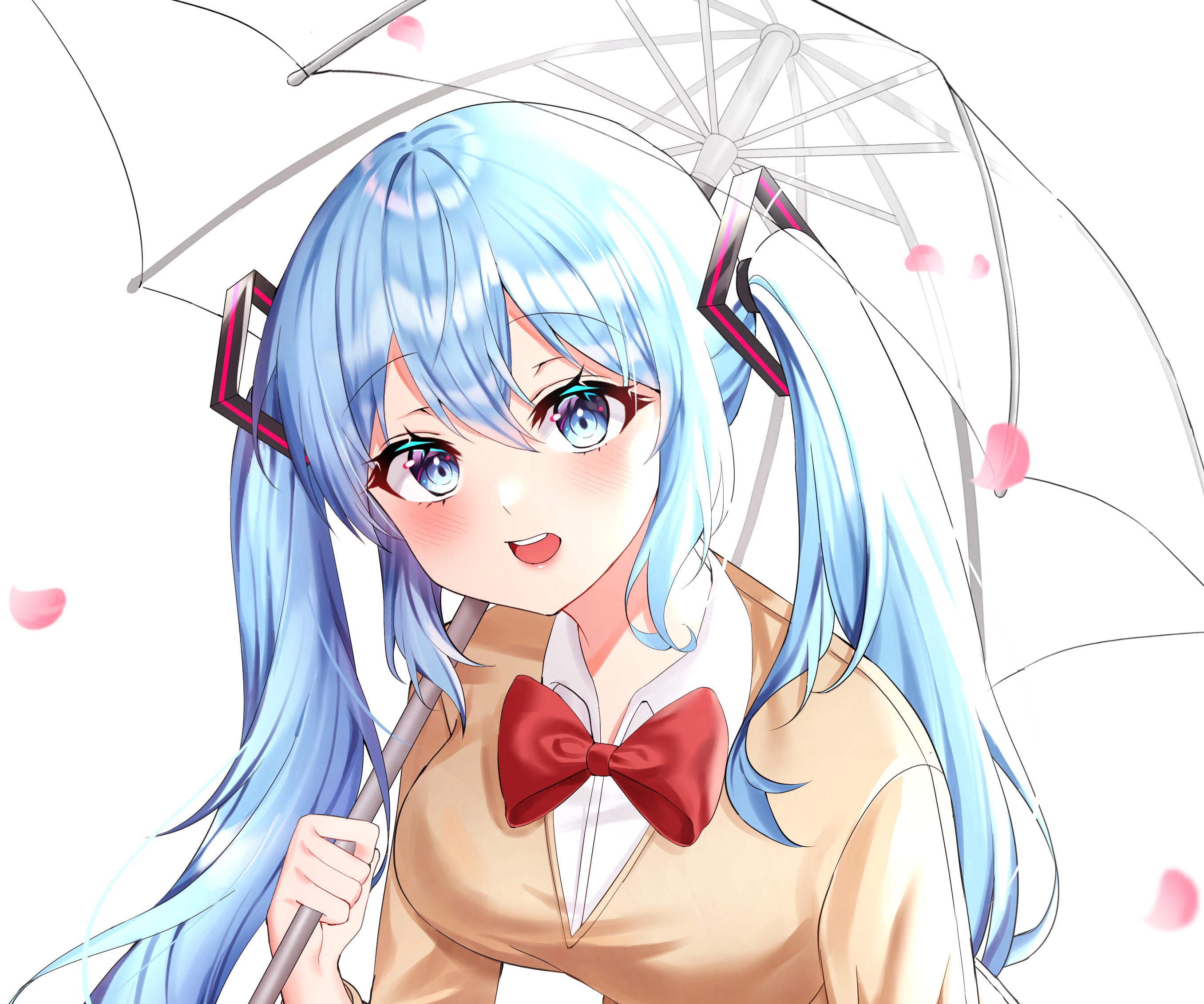 Hatsune Miku with umbrella and red bow HD Wallpaper