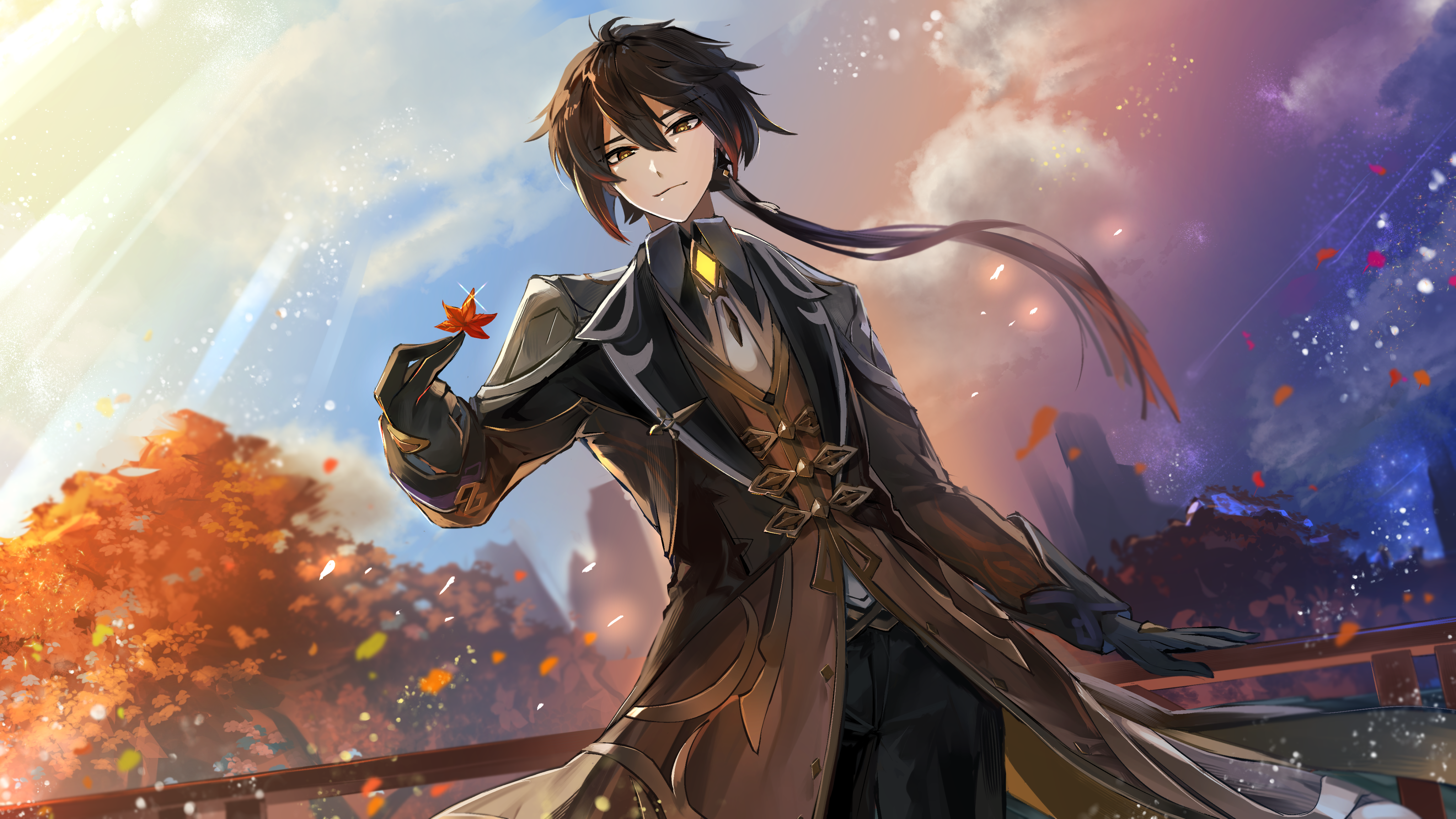Zhongli from Genshin Impact holding a maple leaf HD Wallpaper
