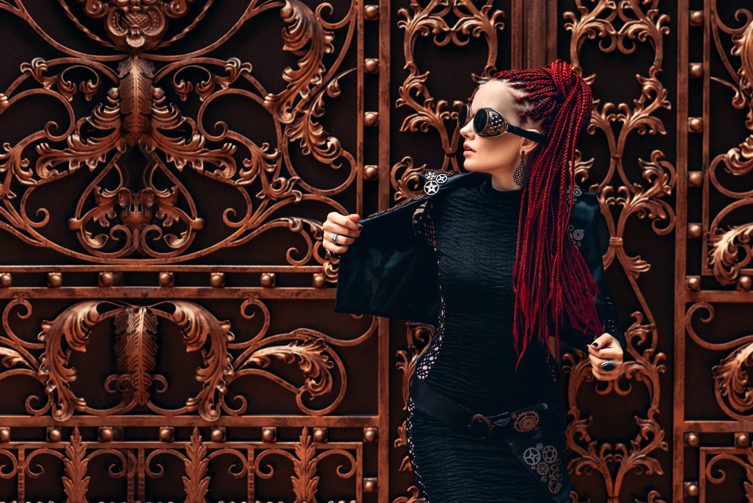 Steampunk woman with red braids and goggles HD Wallpaper