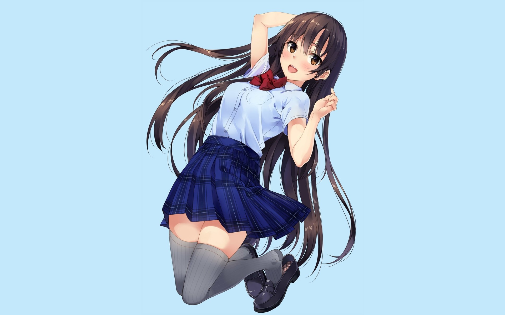 Anime girl in school uniform with red bow HD Wallpaper