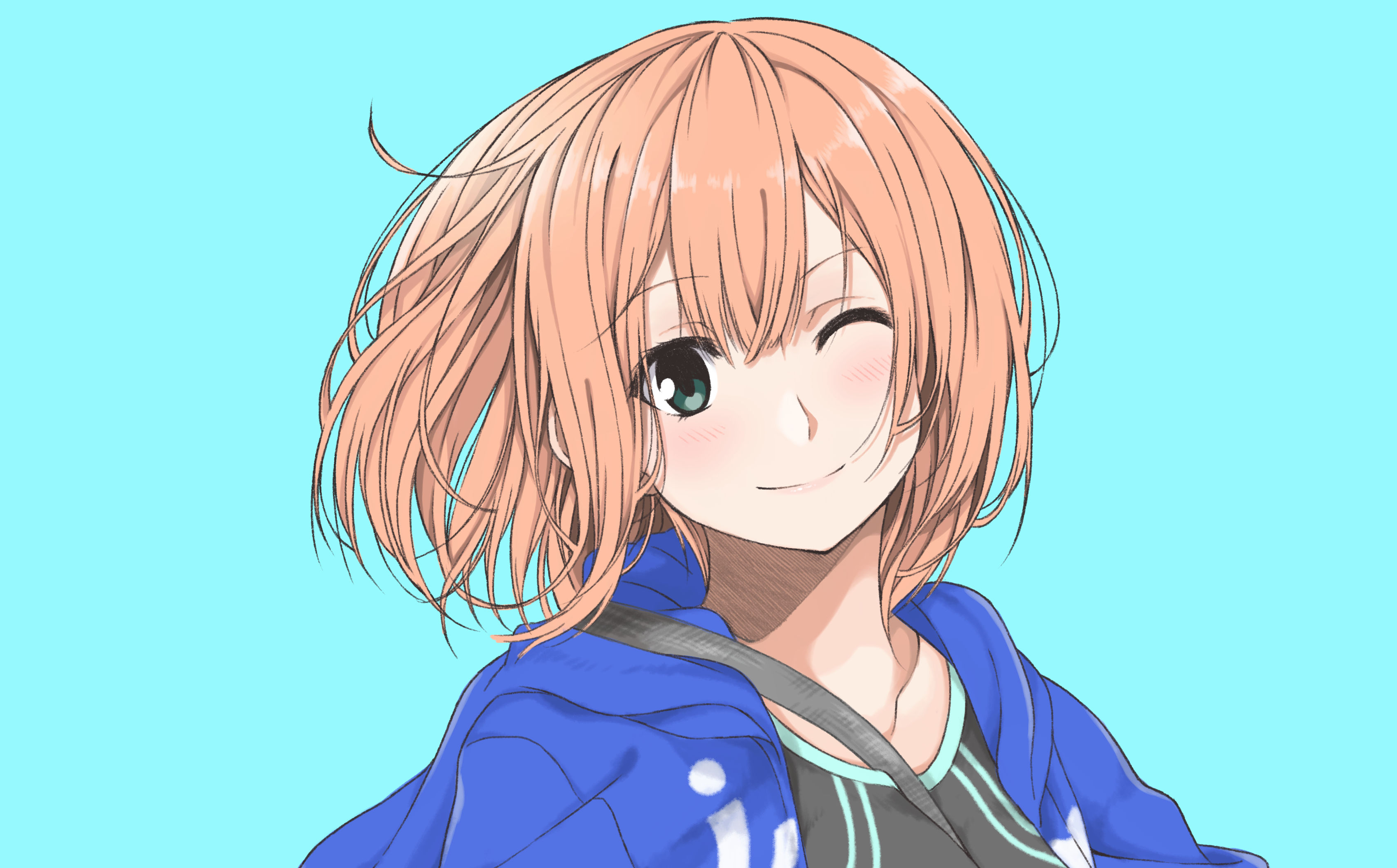 Anime girl with peach hair winking HD Wallpaper