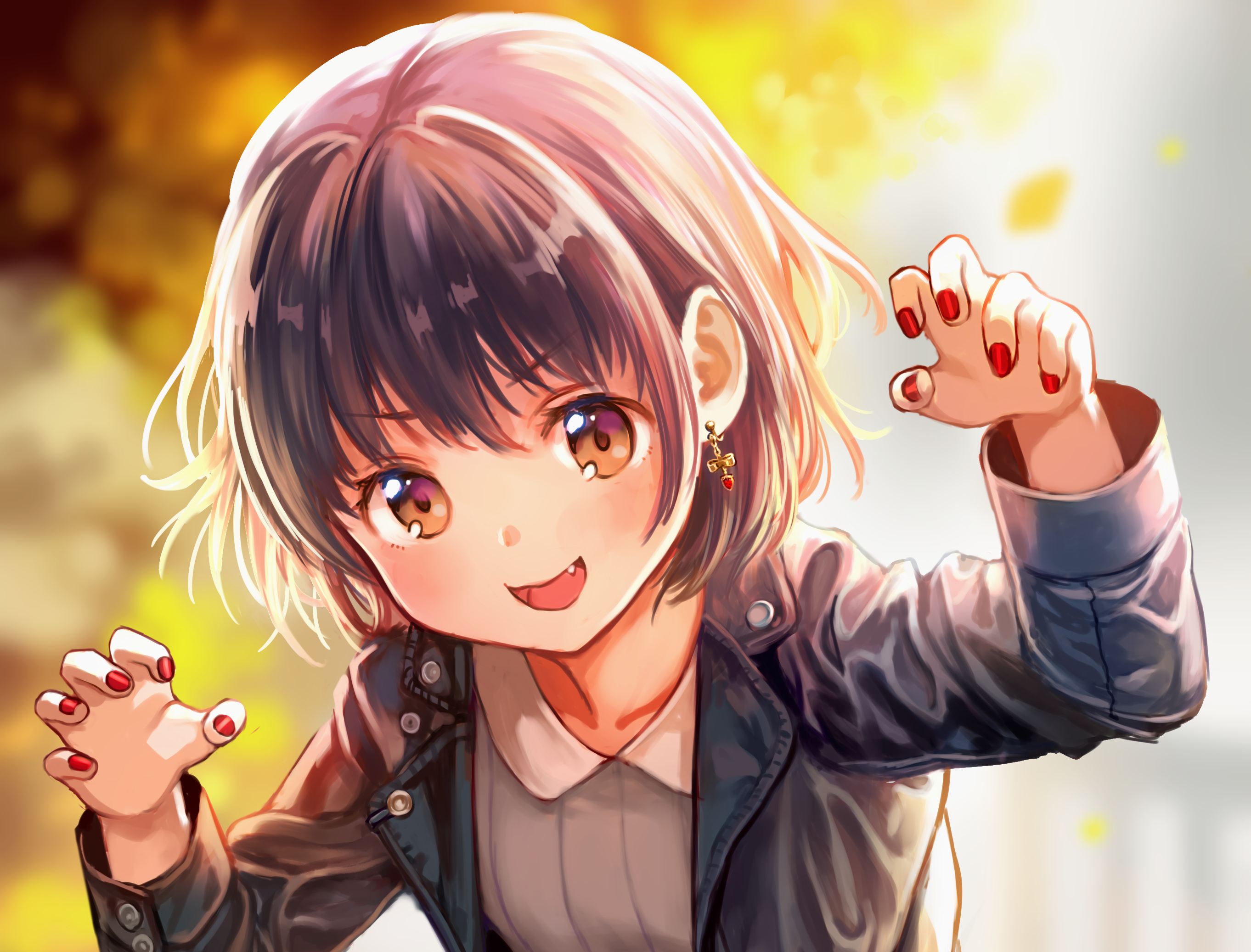 Girl with short dark hair and red nails HD Wallpaper
