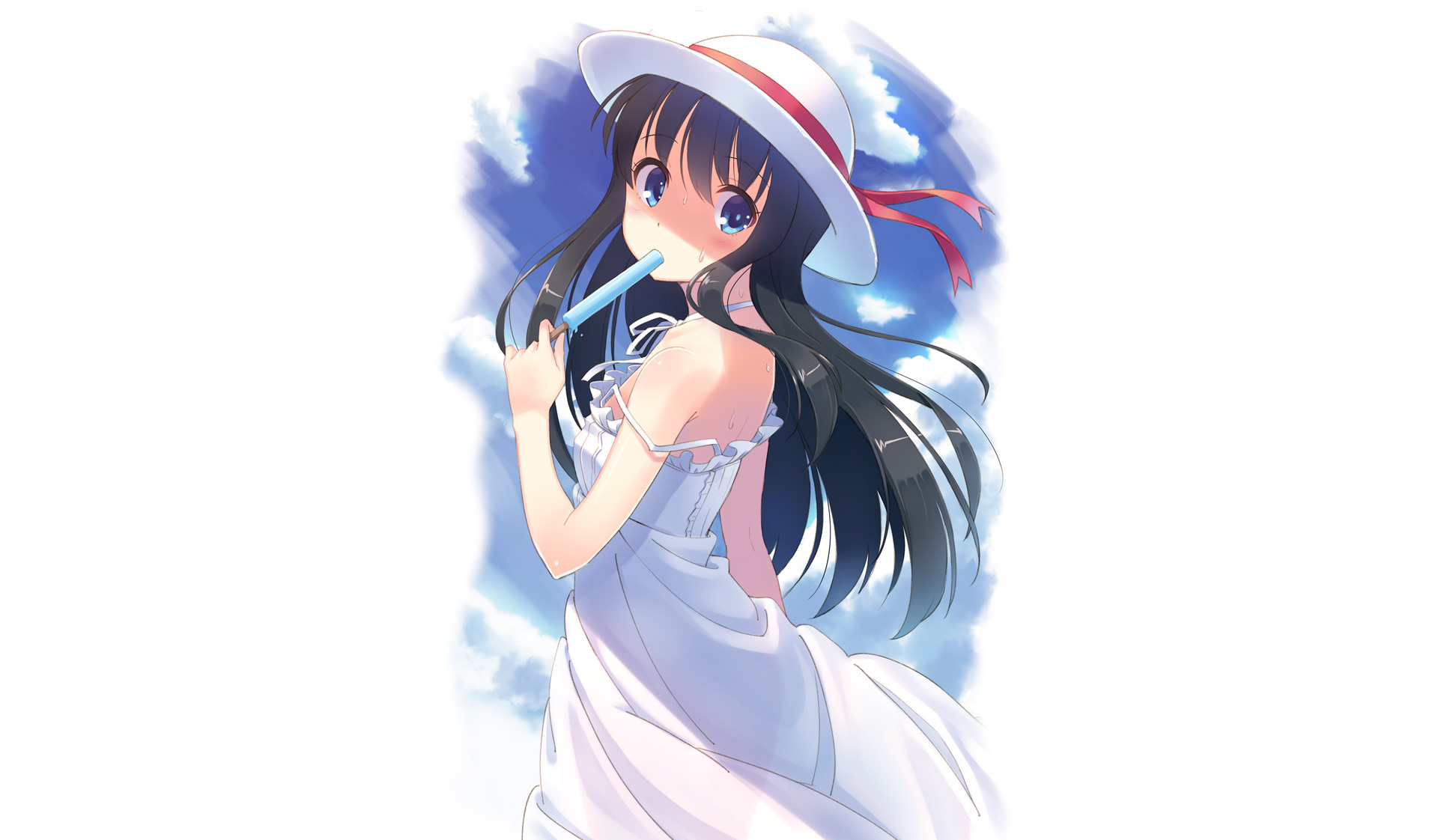 Girl in white dress eating popsicle HD Wallpaper