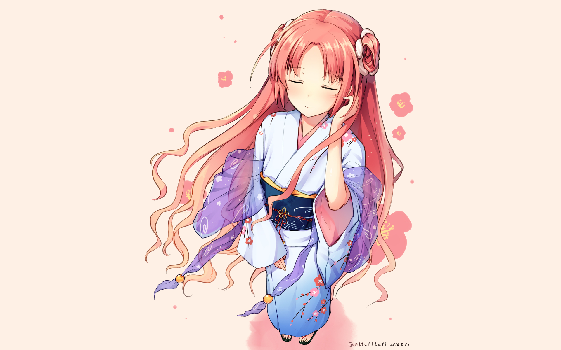 Girl in Kimono with Pink Hair and Flowers HD Wallpaper