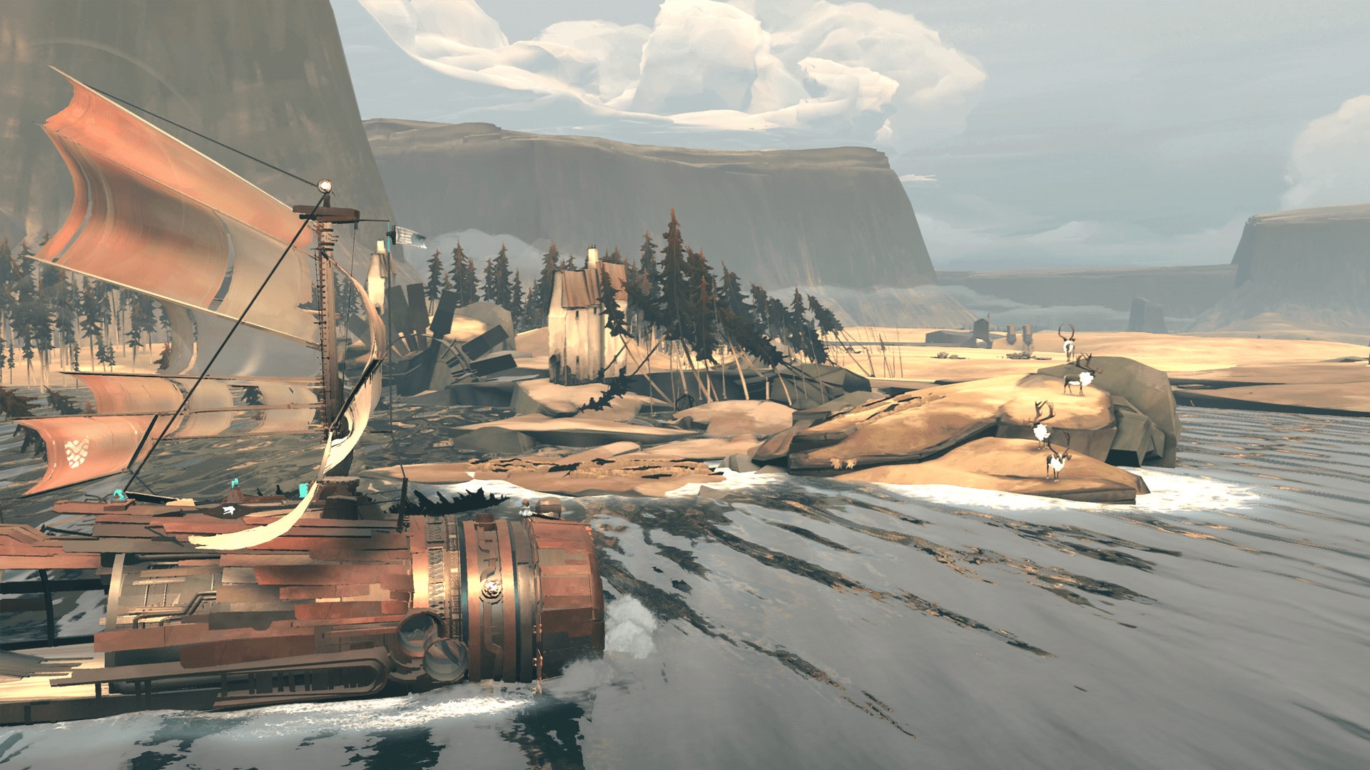 A steampunk ship sails near a coastal settlement with deer HD Wallpaper
